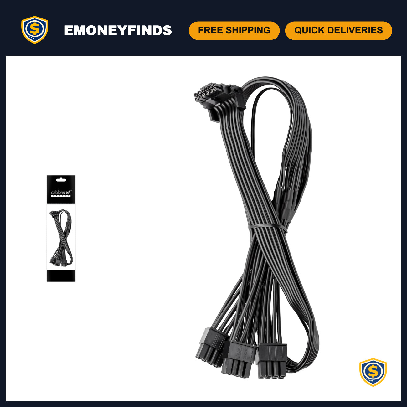 90° 12VHPWR PCI-e Cable, 16-pin to Triple 8-pin, 60cm - Black, StealthSense, ASU