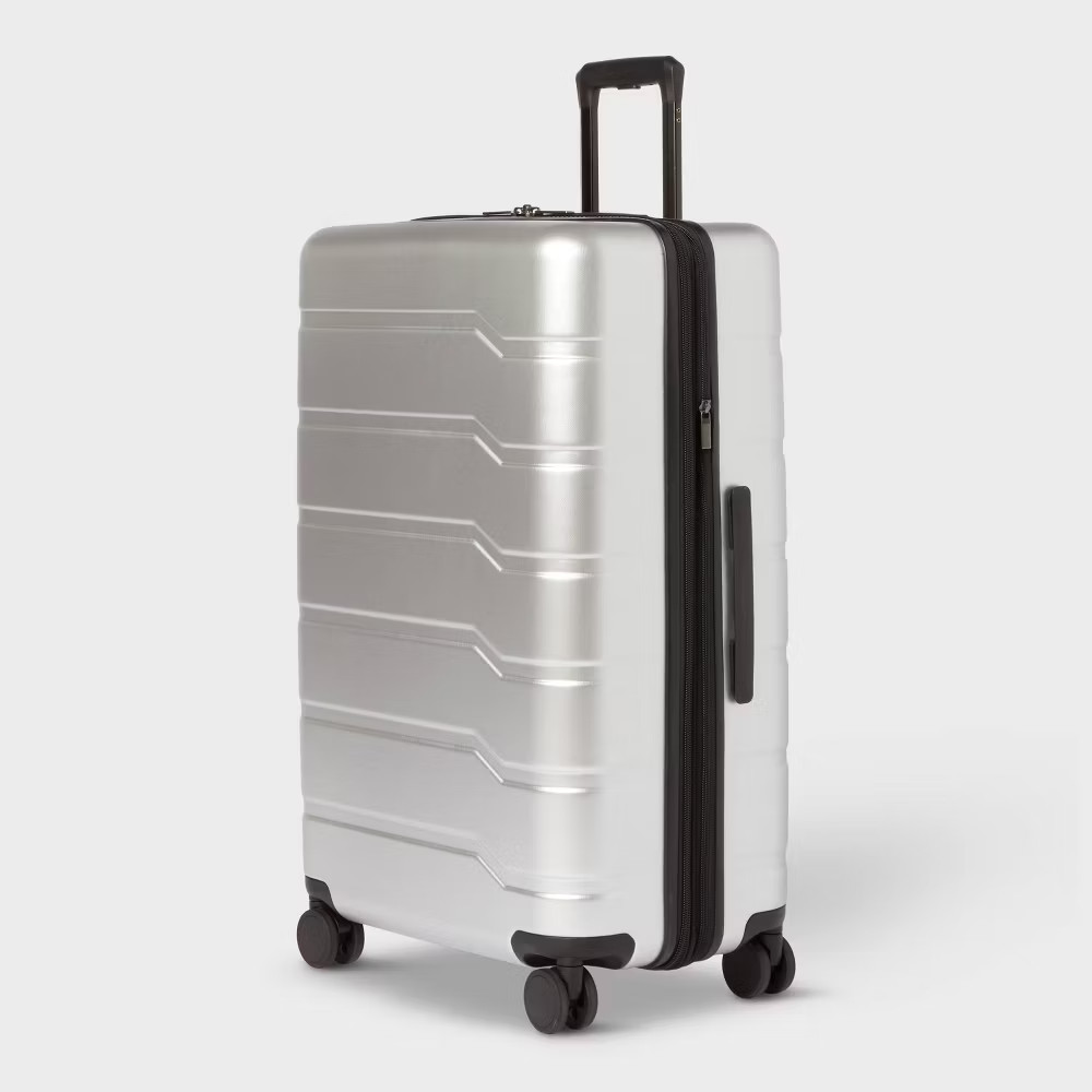 Large Checked Hardside Suitcase - Open Story Silver