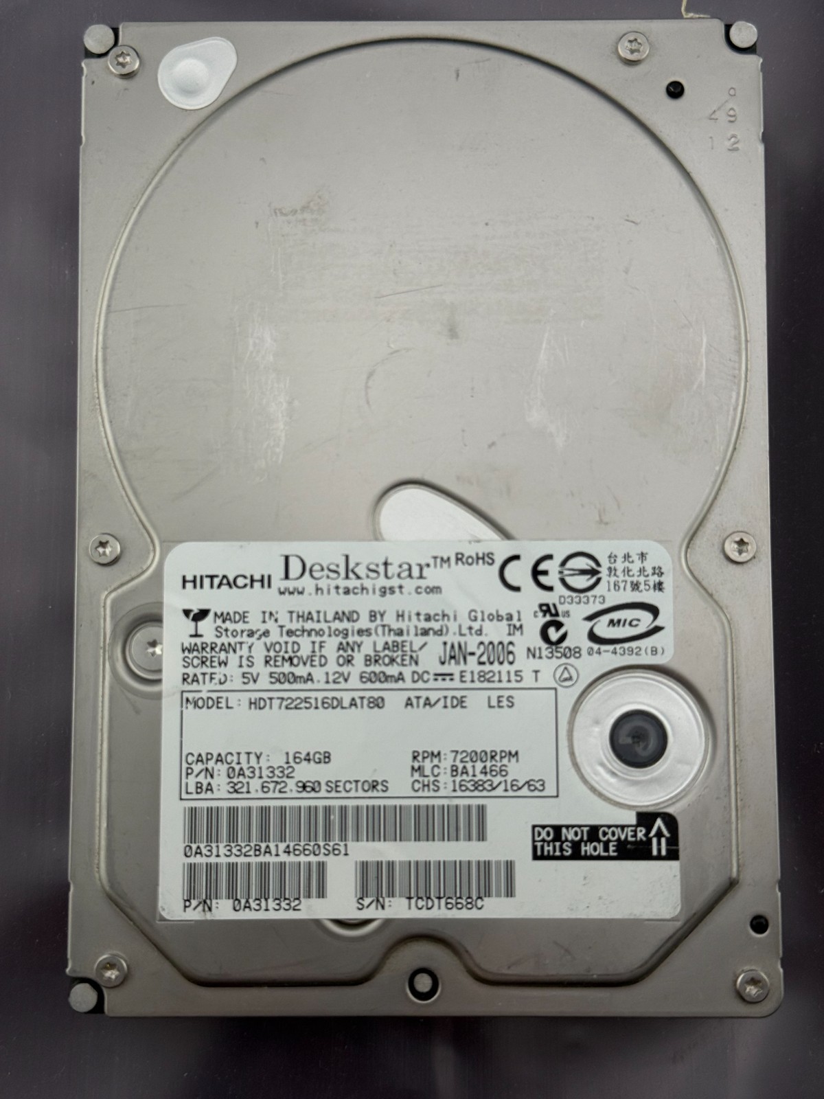 Hitachi Deskstar 164GB ATA IDE Hard Drive HDT722516DLAT80 ATA HDD TESTED