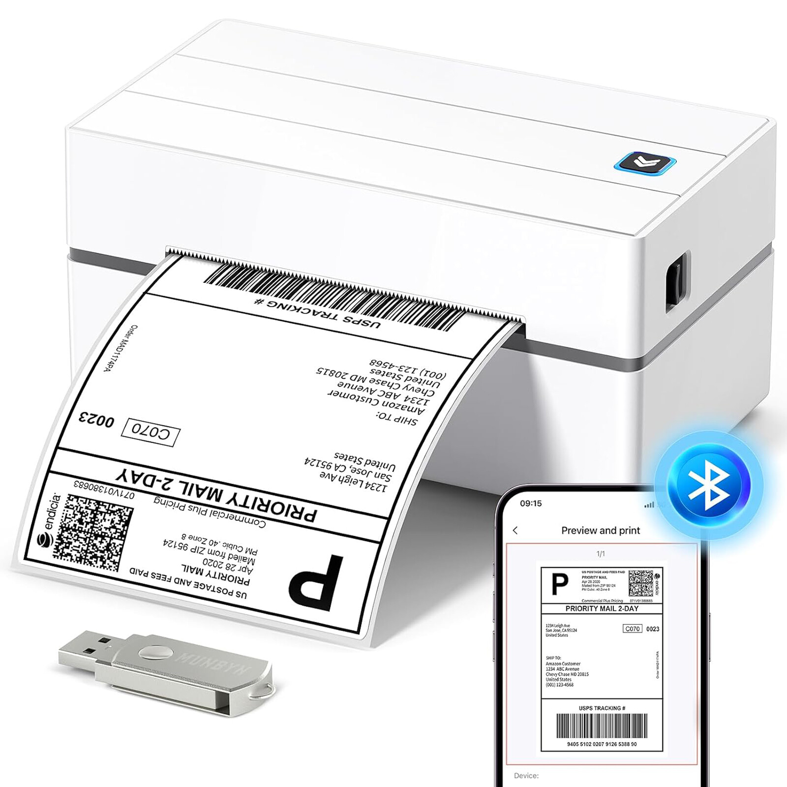 MUNBYN Bluetooth Shipping Label Printer 4x6 Thermal Label w Drive for USPS FedEx