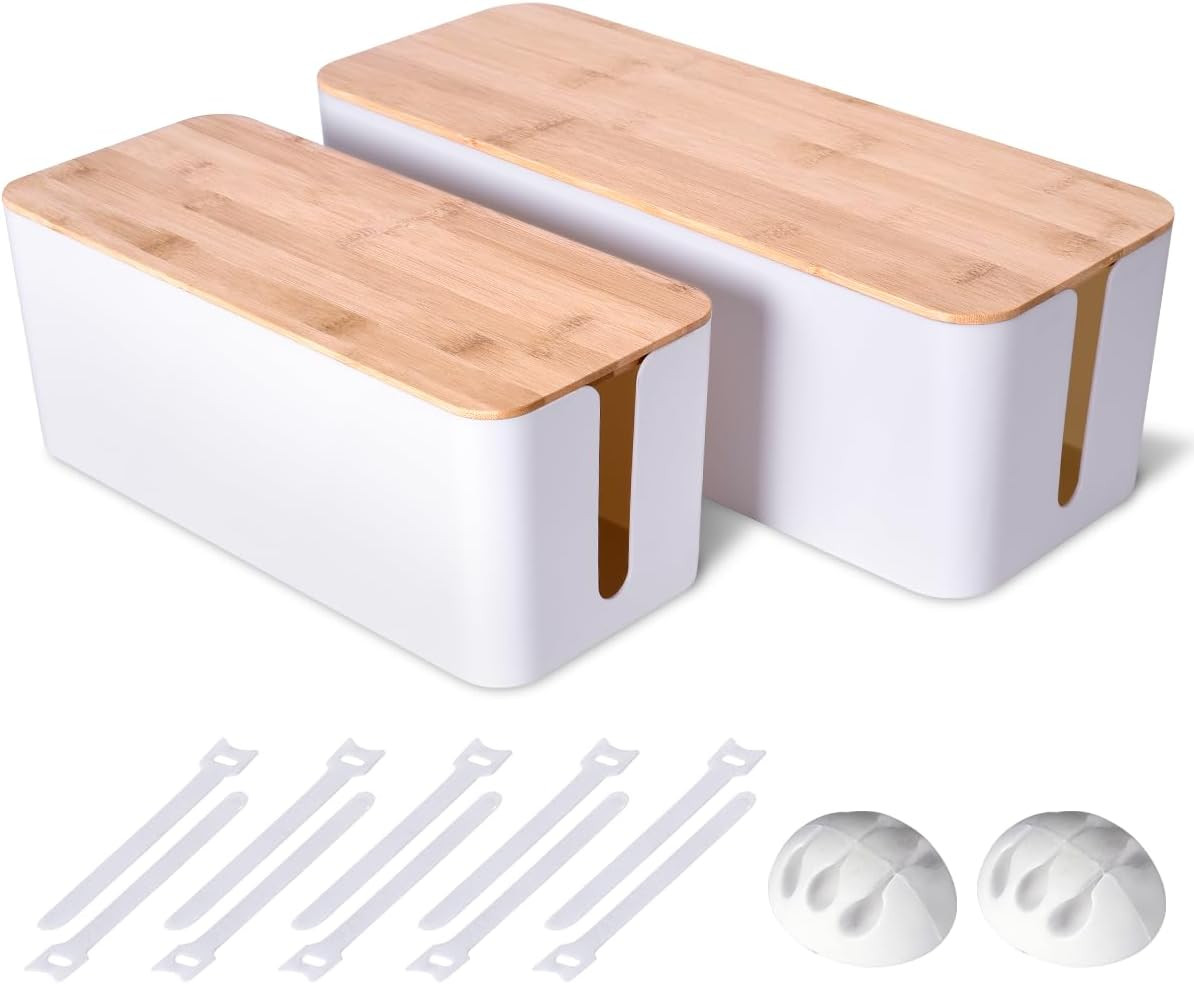 2 Pack Cable Management Box Set Large & Medium Cord Organizer for Desk TV White