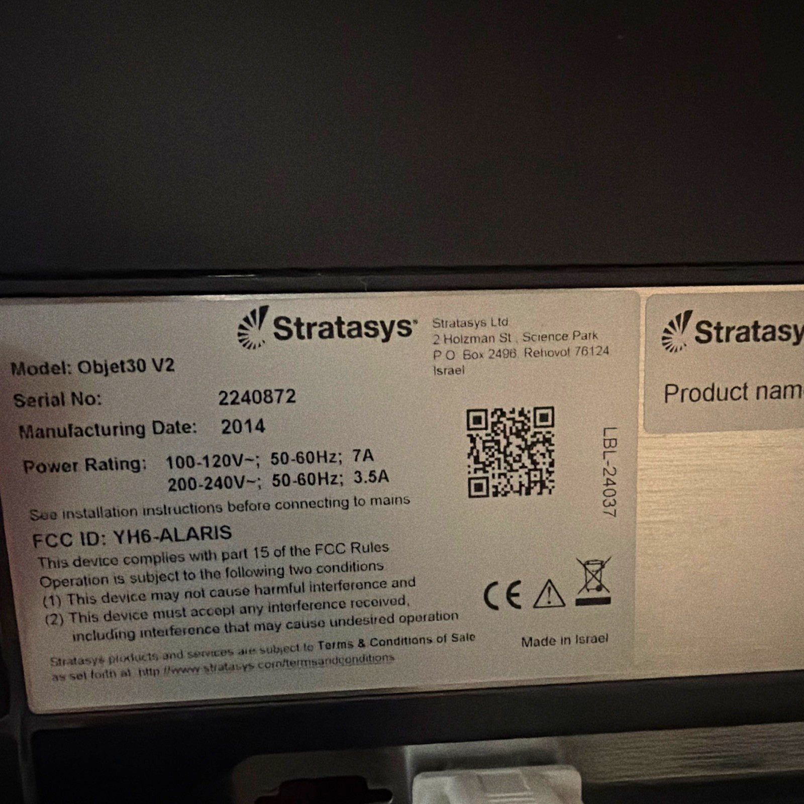 Stratasys Objet30 Pro 3D Printer Objet30 V2 2014 Mfg Serial 2240972