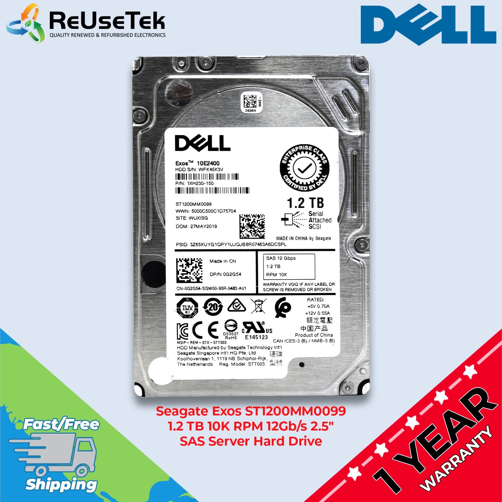 Dell Seagate Exos ST1200MM0099 1.2 TB 10K RPM 12Gb/s 2.5" SAS Server Hard Drive