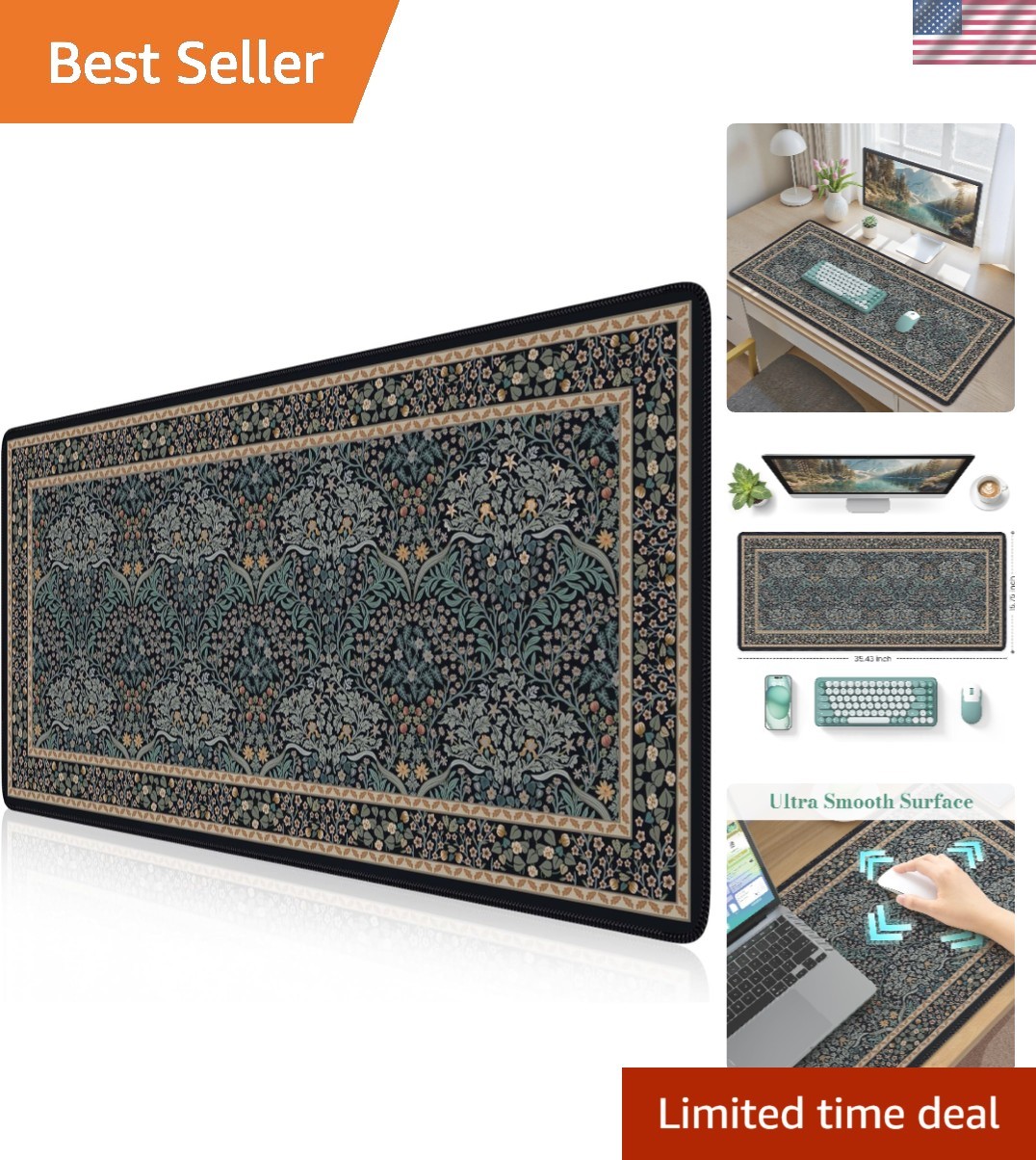Elegant Water-Resistant Desk Mat 35.4x15.7in | Retro Black for Home & Office