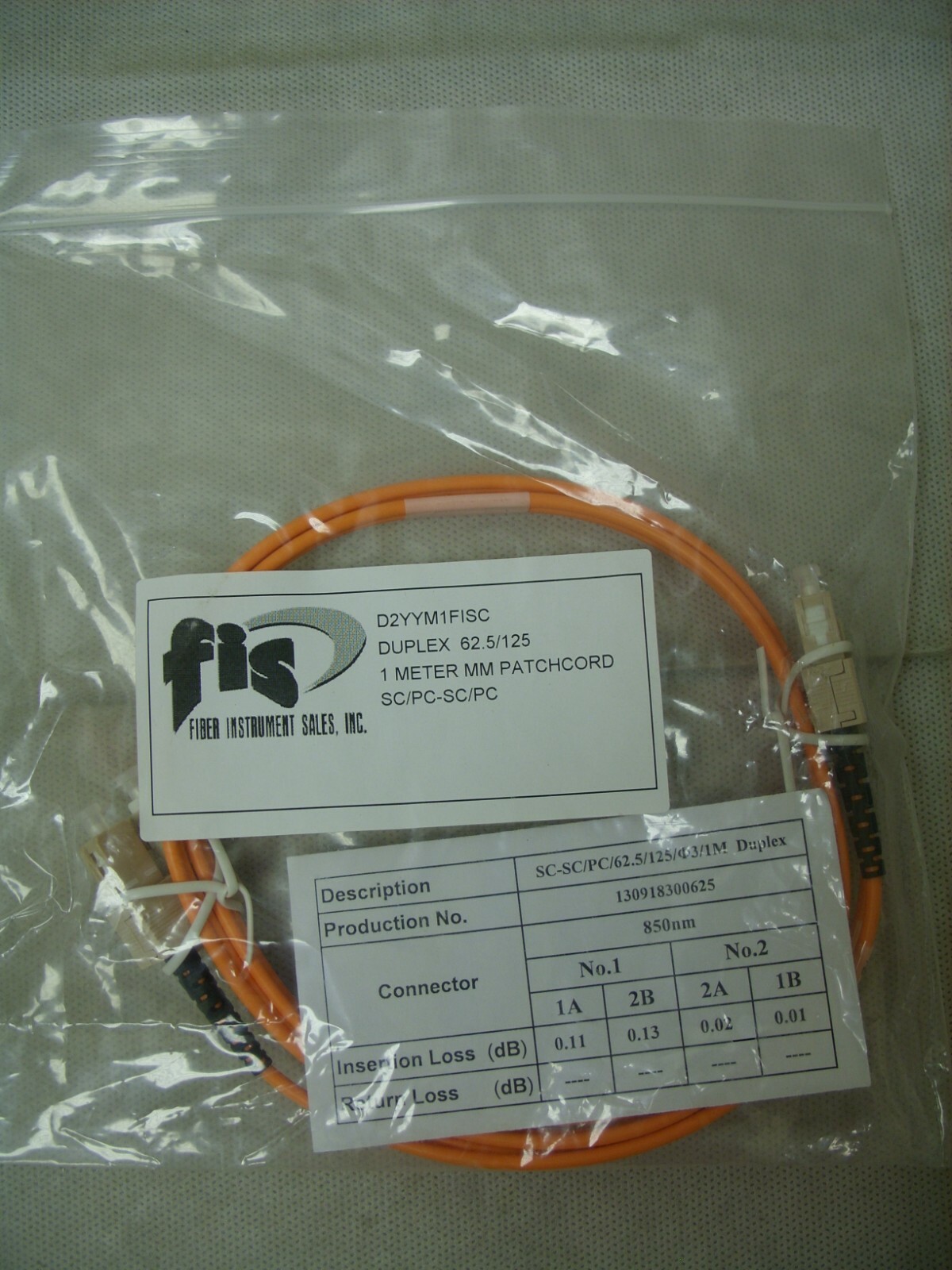 FIS Fiber Instrument Sales - Duplex Fiber Optic 62.5/125 Patch Cable D2YYM1FISC