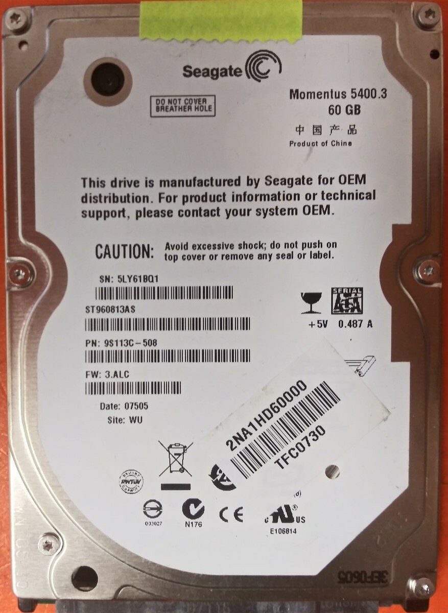 ⭐️⭐️⭐️⭐️⭐️ HDD Hard Drive SATA Laptop 2.5" Seagate ST960813AS 60GB 9S113C-508