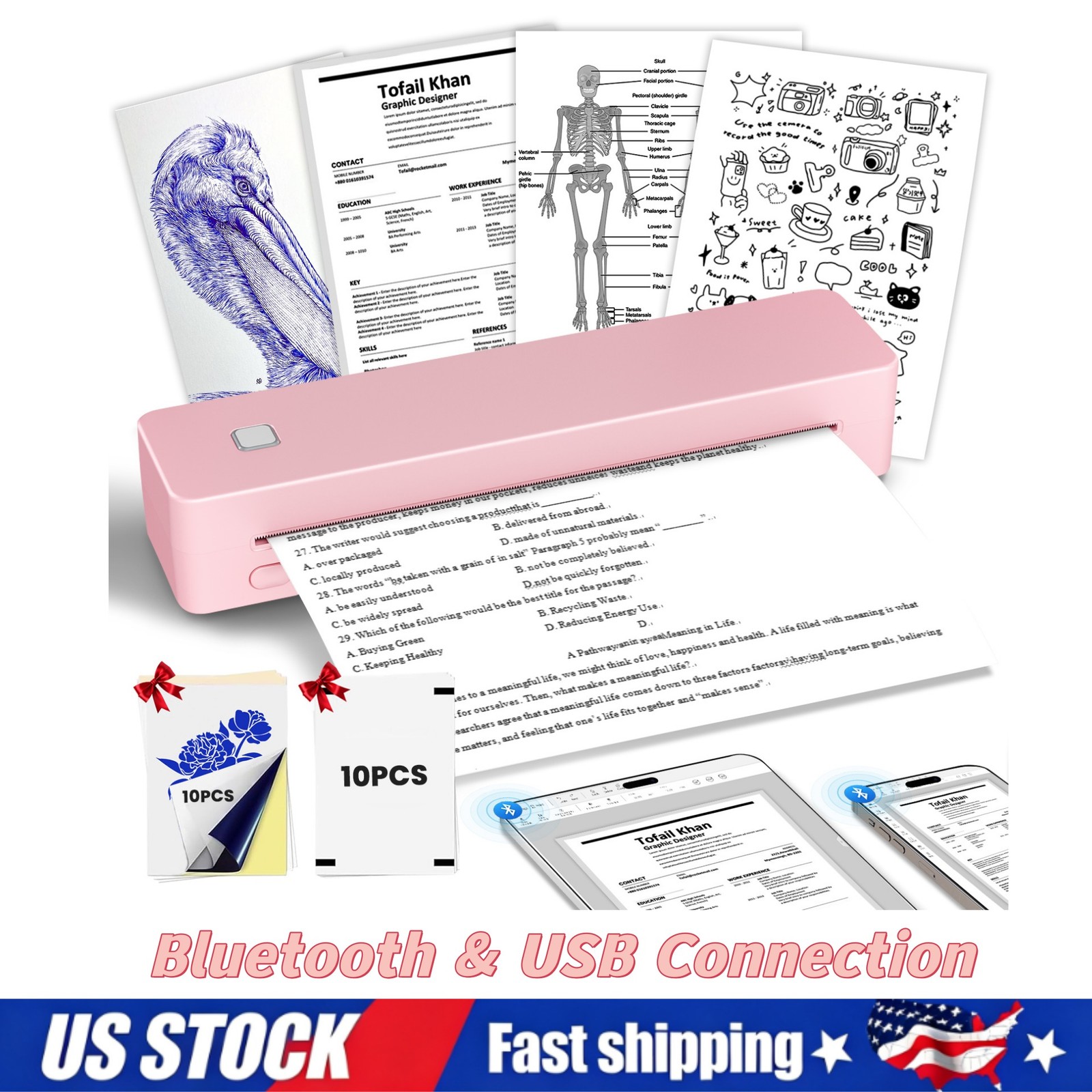 Portable Printers Wireless for Travel,Thermal Bluetooth Inkless Mini Printer