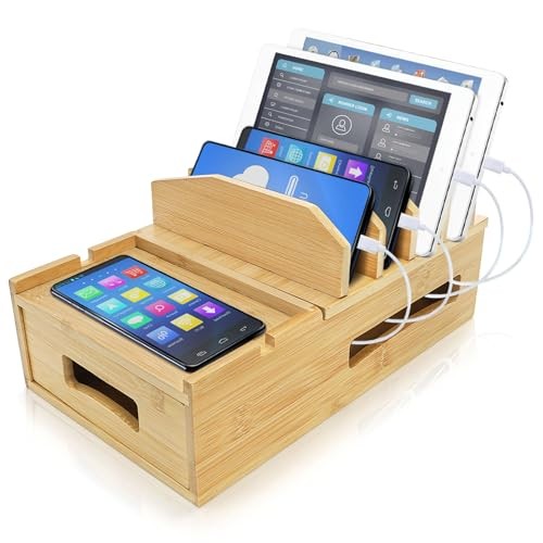  Bamboo Charging Station for Multiple Devices, Desk Docking Station with 