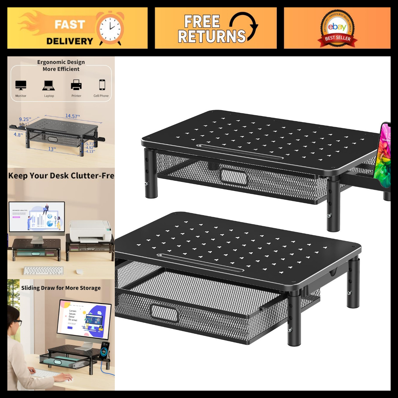 2 Pack Adjustable Monitor Stand Riser with Metal Drawer, 3 Height Options