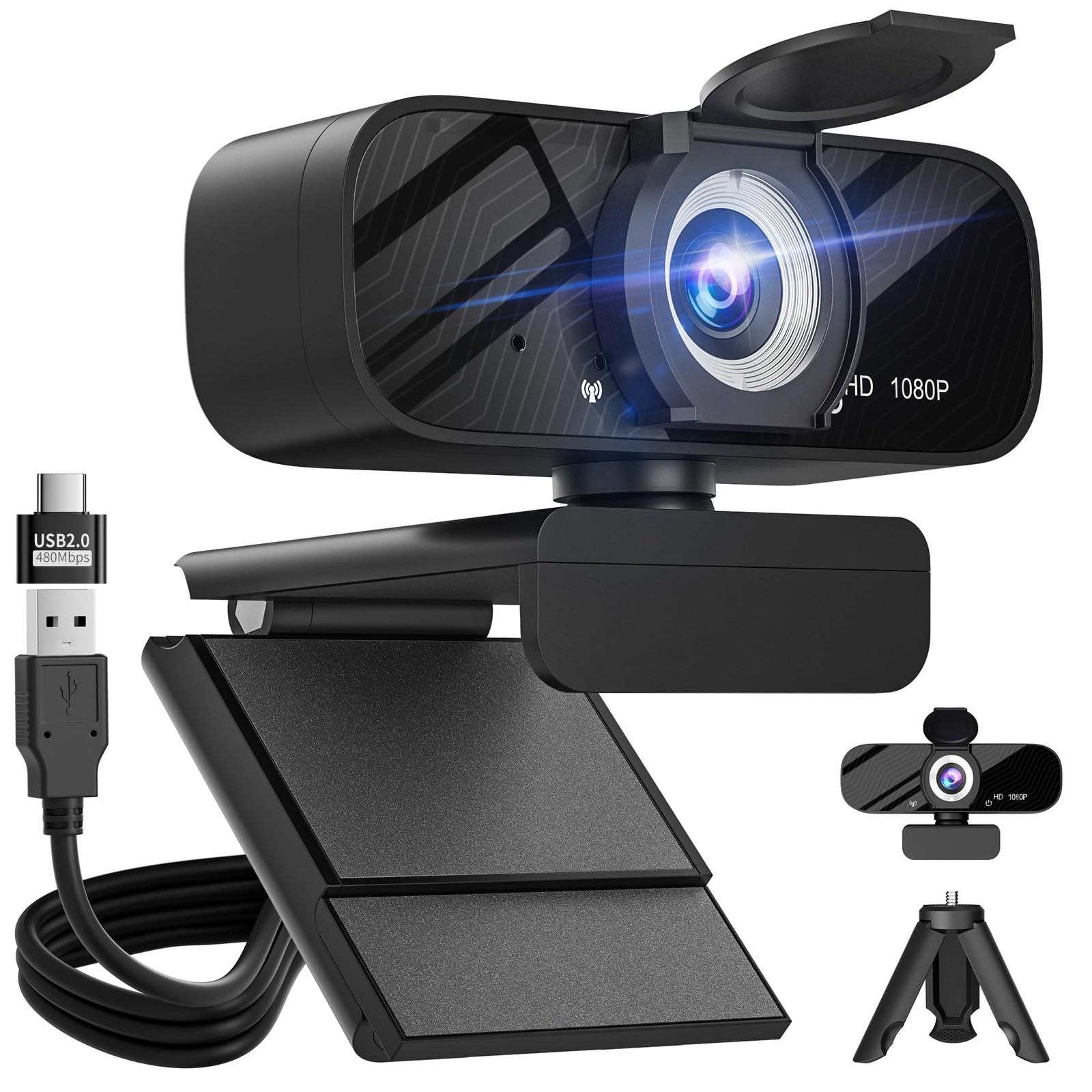 Full HD 1080P Video Webcam, Noise Cancellation, Privacy Cover, Wide-Angle Len...