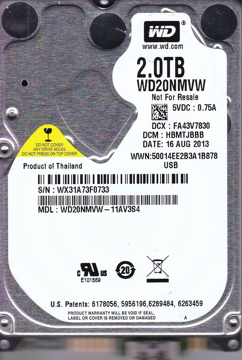 WD20NMVW-11AV3S4 dcm: HBMTJBBB s/n: WX31A7 AUG 2013 2TB USB 3.0 WESTERN DIGITAL