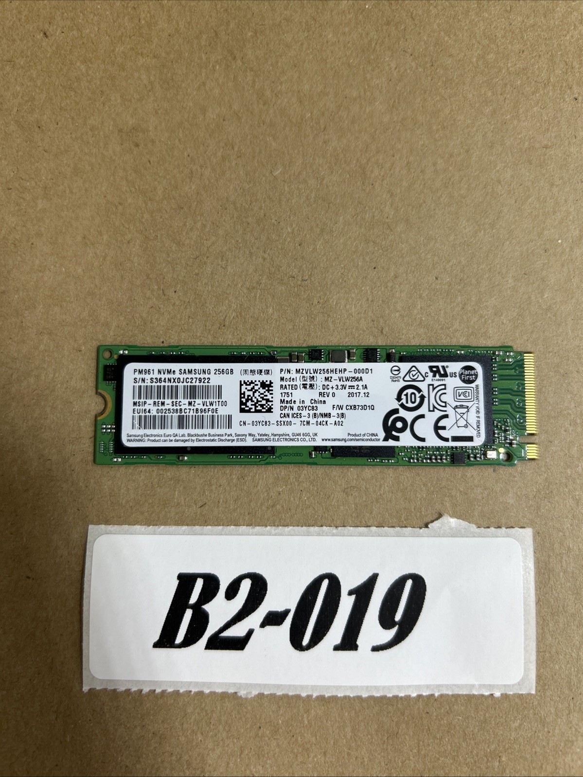 Samsung PM961 256GB NVMe M.2 2280 PCIe Gen3 x4 SSD MZVLV256HEHP 97% Health