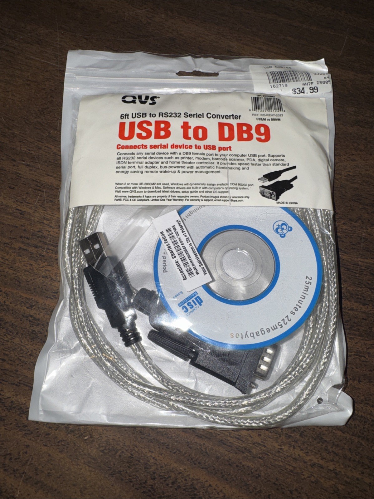 QVS UR-2000M2 6ft USB Type A Male to RS-232 DB9 Serial Converter Cable