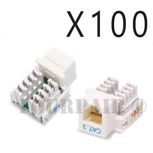 100 Pack Lot - CAT3 Keystone Snap-In Insert Punch Down Jack RJ11 RJ12 DSL White