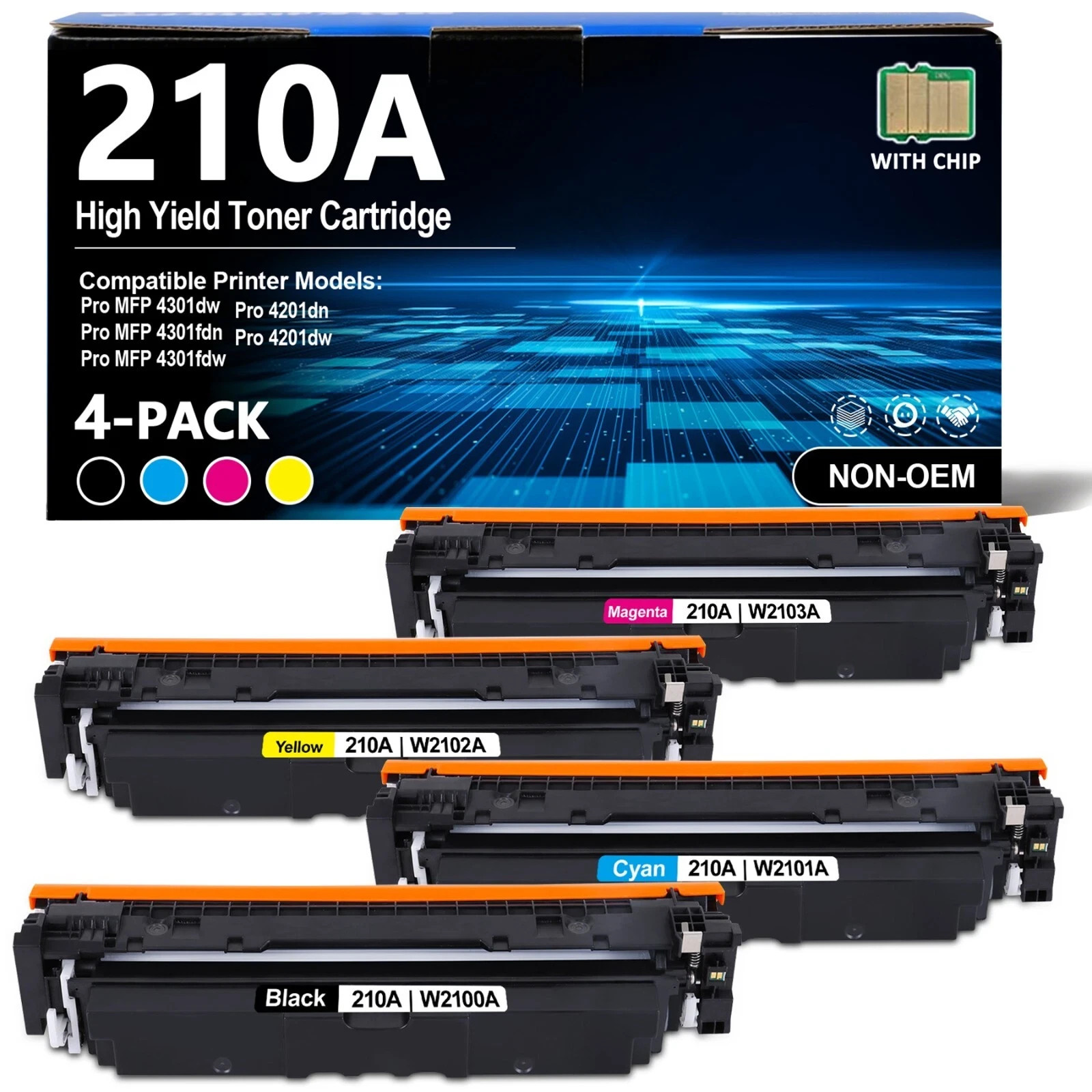 4 Pack W2100A 210A Toner With Chip for HP 4201dn 4201dw MFP 4301fdn 4301fdw