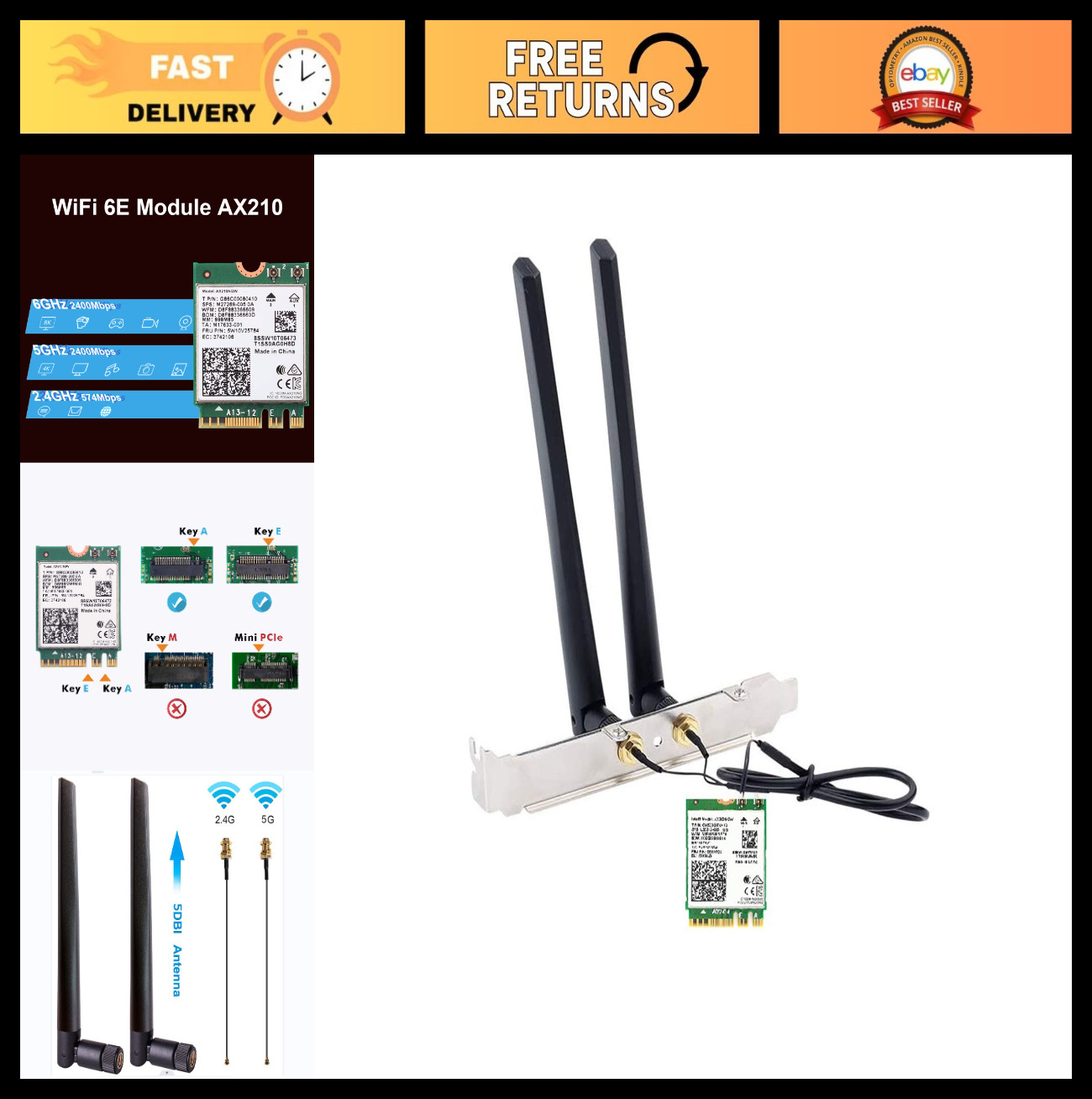 AX210NGW DTK WiFi Card WiFi 6E Supports 6GHz, 2230, 2x2 AX+BT 5.3+Tri-Band