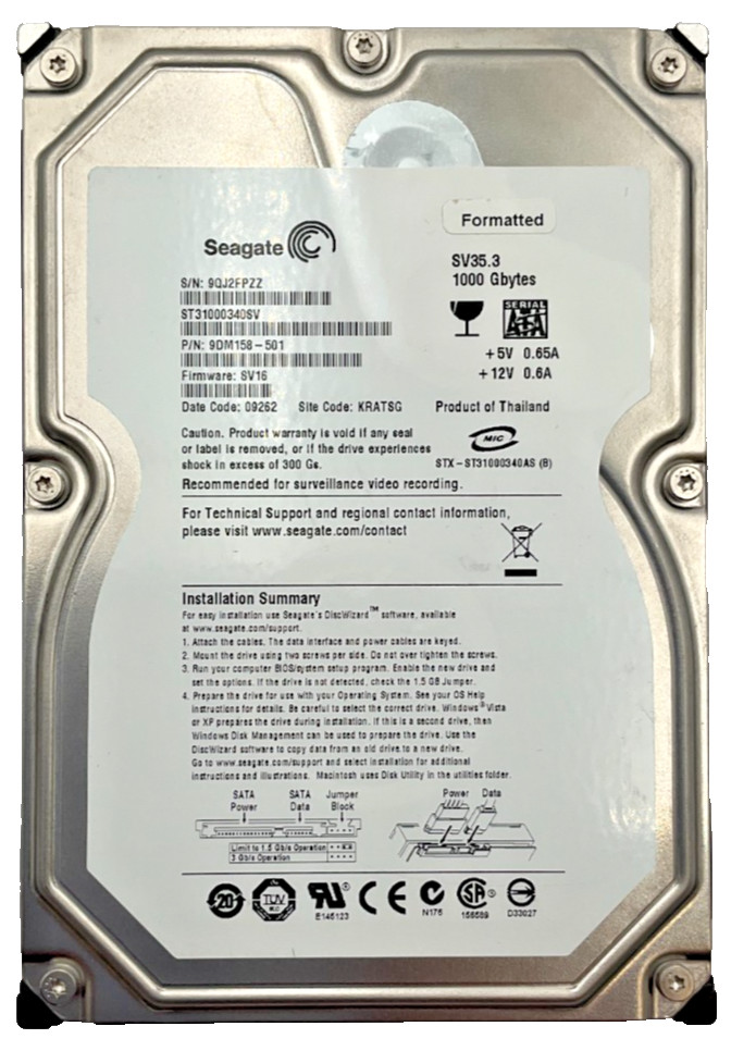 Seagate SV35.3 ST31000340SV 9DM158-501 1000GB 7.2 SATA 3.5'' Internal Hard Drive