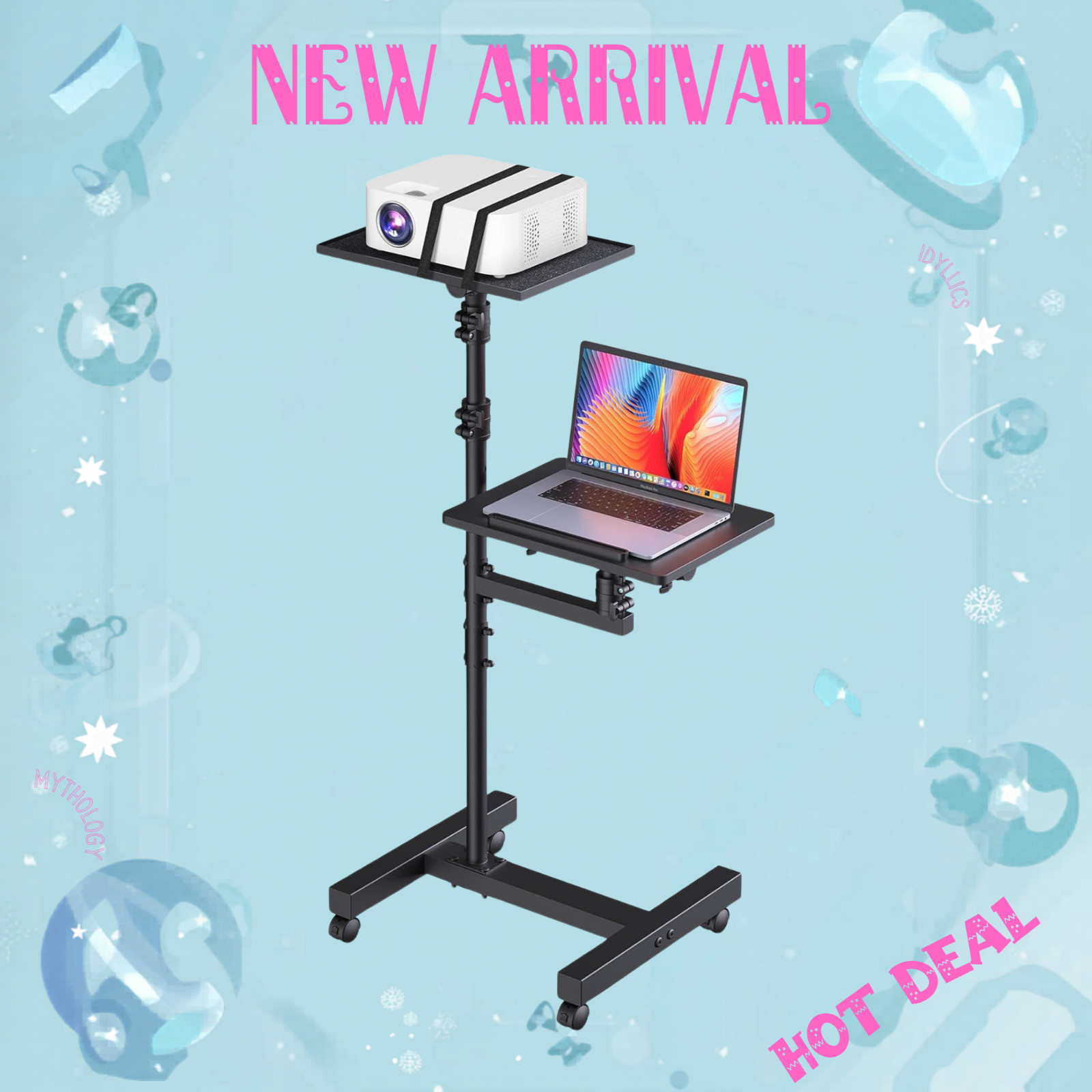 NEW 2 Shelves Projector Stand Tripod Adjustable Height Rolling Laptop Cart Wheel