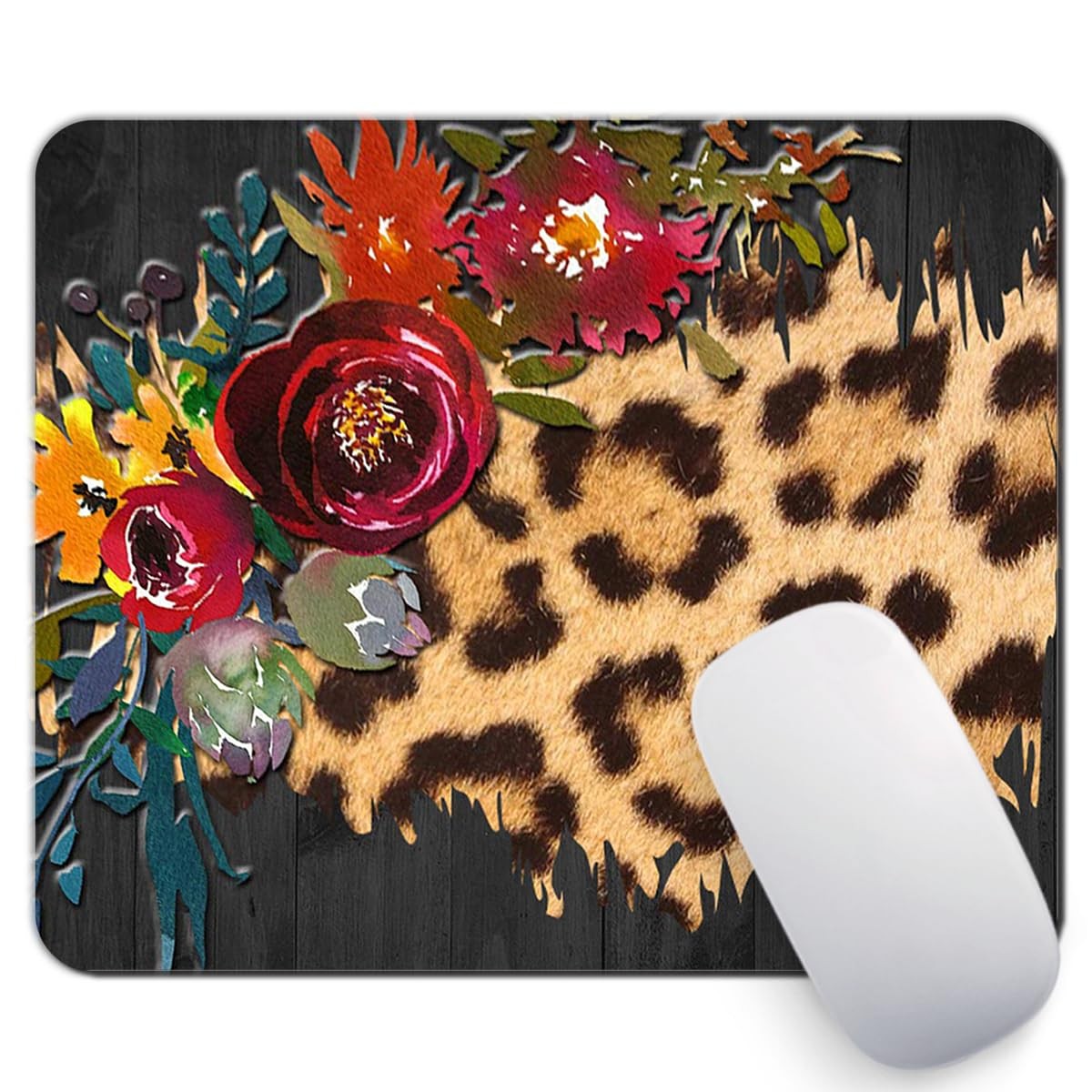 Leopard Print Red Floral On Black Faux Wood Pad Office Supplies Desk