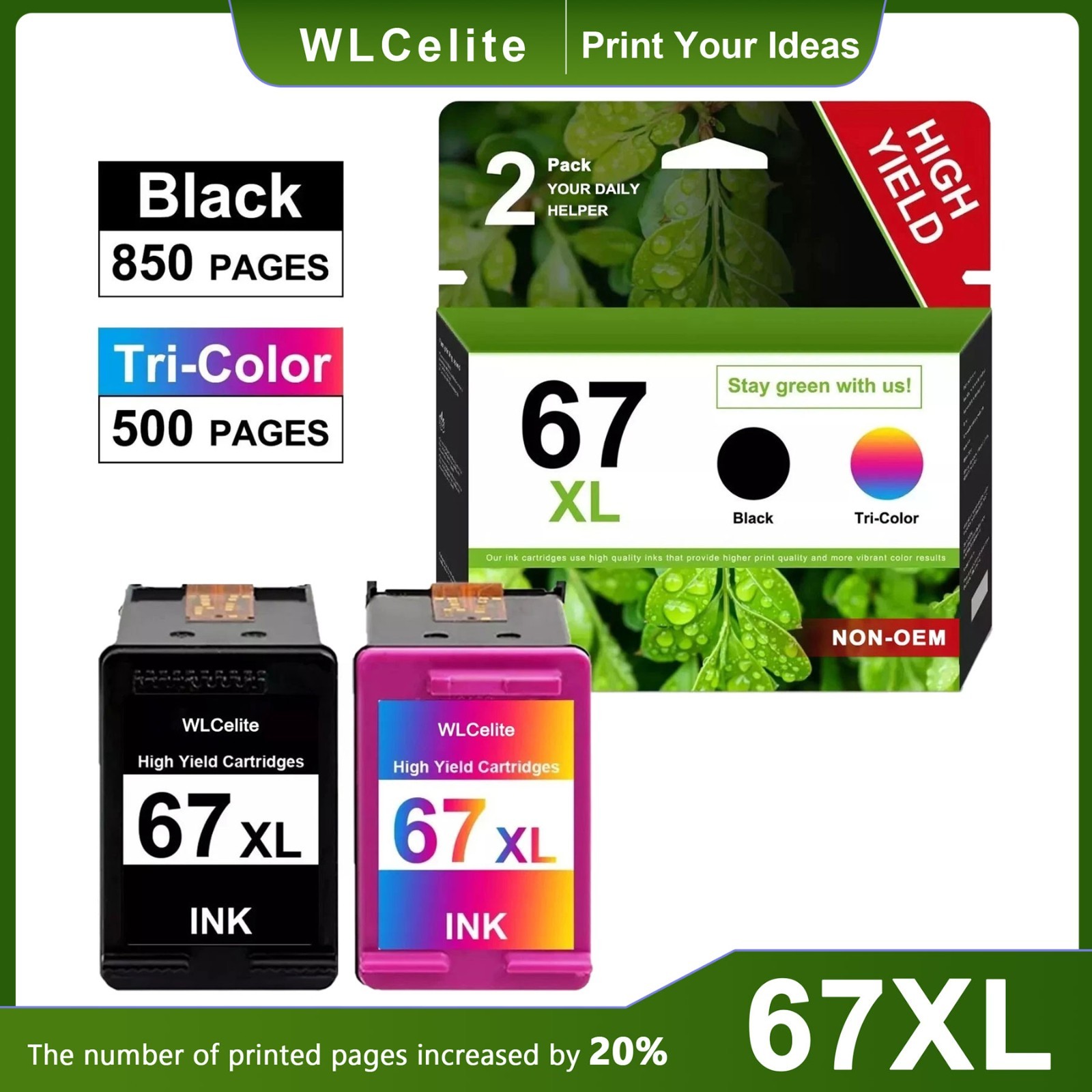 67XL Ink Cartridge Black/Color Combo Pack Compatible for HP Works DeskJet 1255