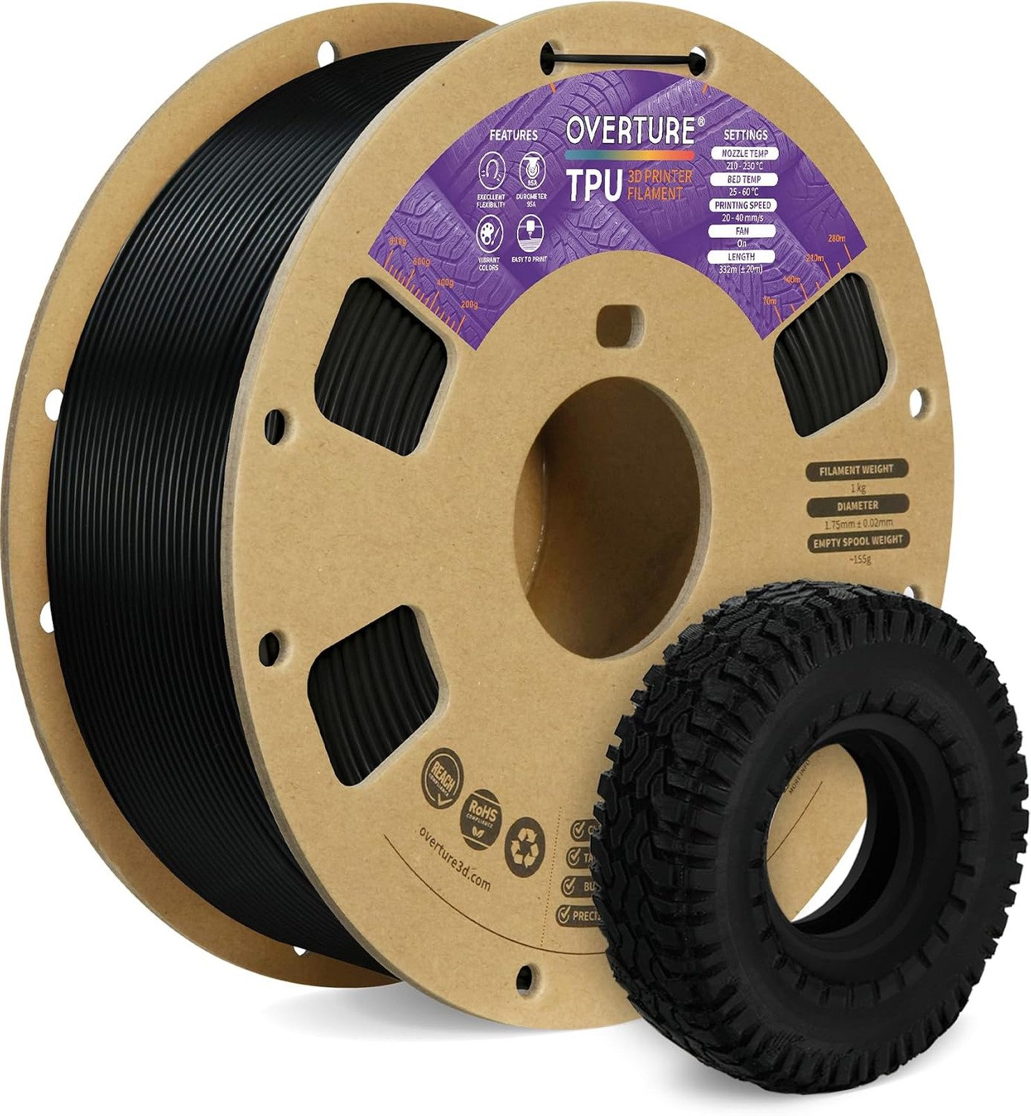 Flexible TPU Filament 1.75mm 1kg Black for 3D Printing rubber, elastomer