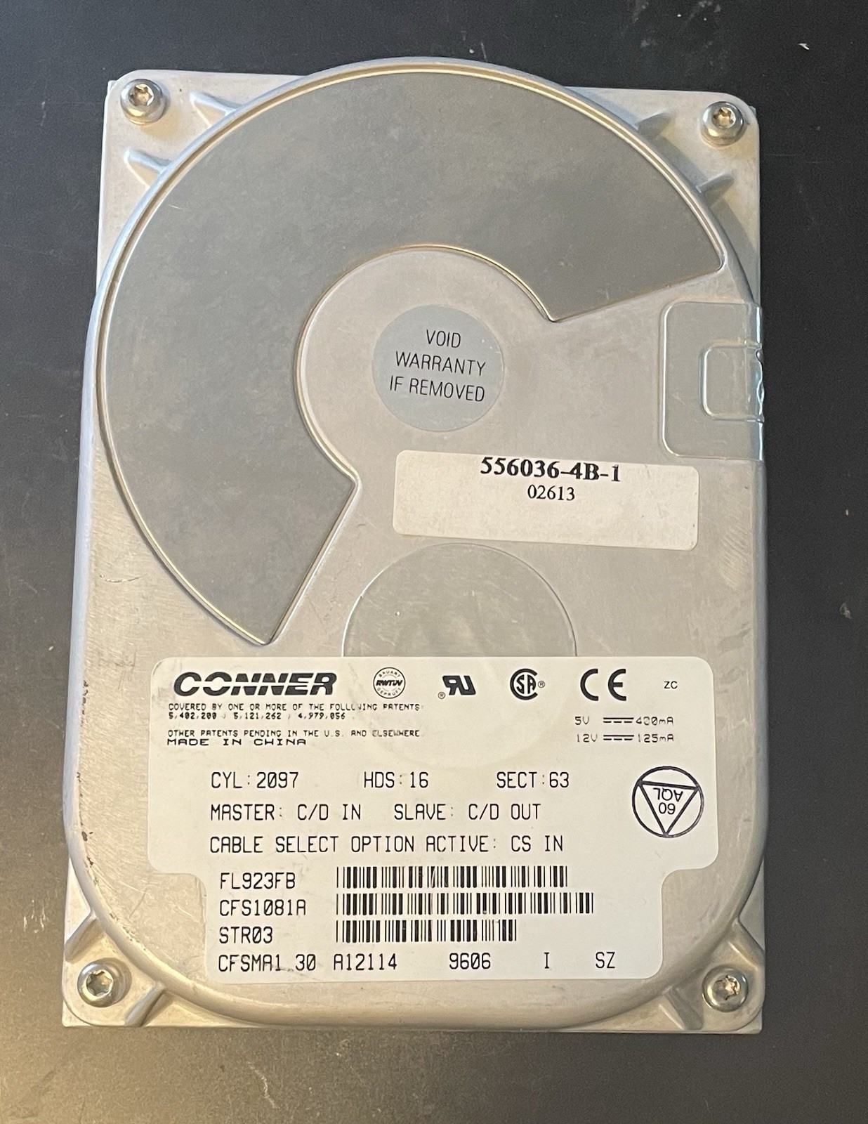 Vintage Conner CFS1081A 1.08GB 3.5" IDE/ATA-2 3600rpm, Wiped/Formatted/Tested