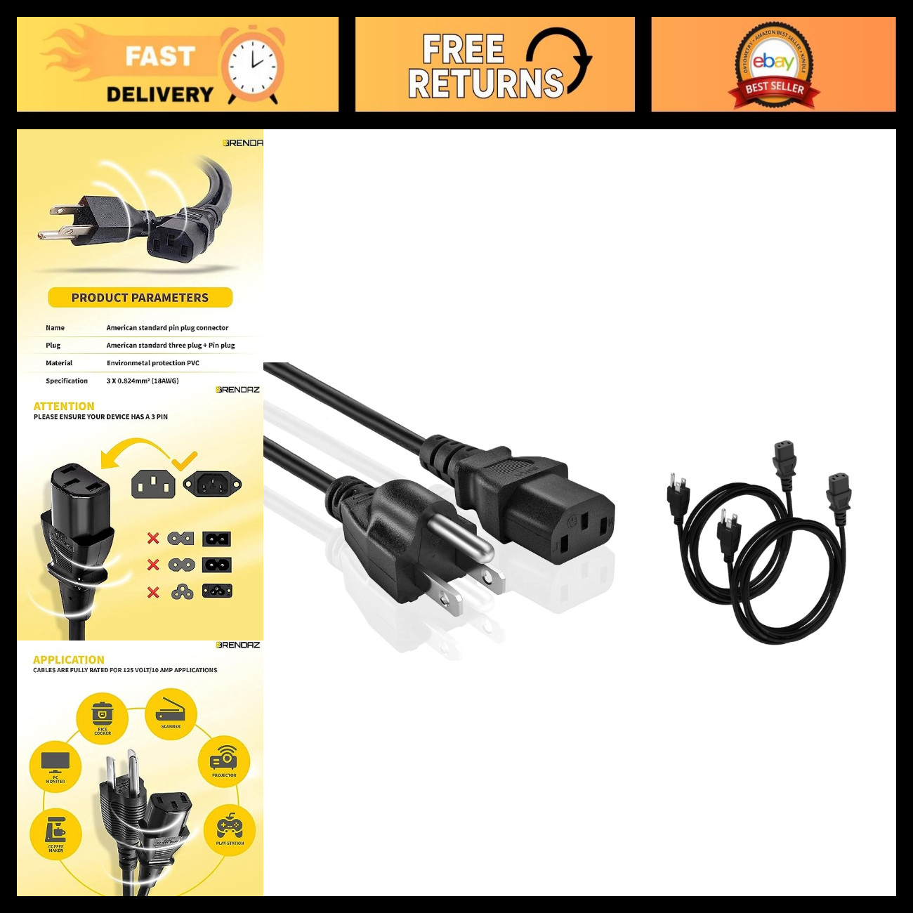 25ft Universal 3 Prong AC Power Cord - IEC 320 C13 to NEMA 5-15P, 18AWG, 10A
