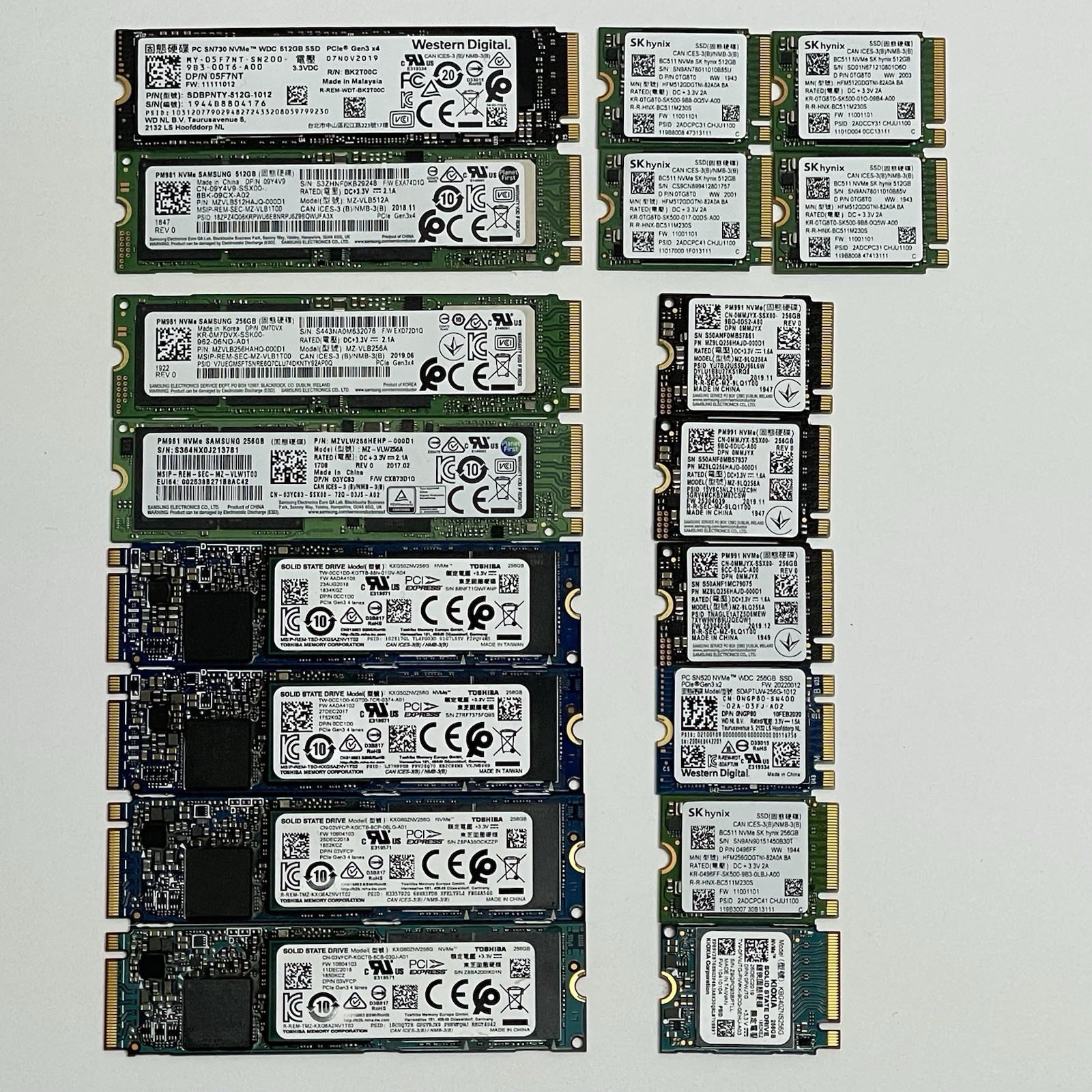 LOT OF 18 Mixed M.2 NVMe SSDs 6x 512GB 12x 256GB Major Brands 2230 2280