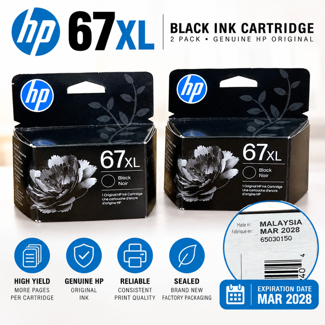 HP 67XL Black Ink Cartridge 2-Pack Genuine OEM Sealed EXP MAR 2028