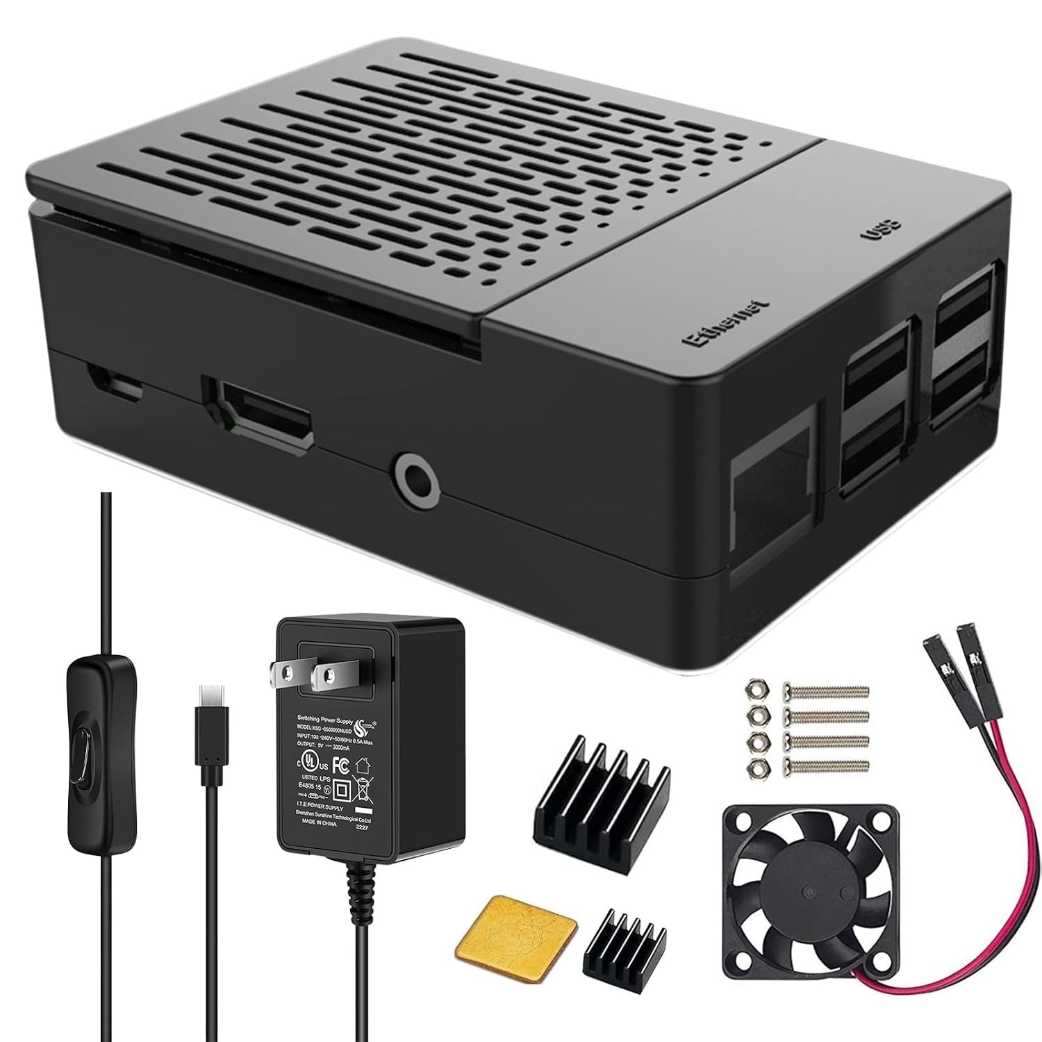Raspberry Pi 3 Case with Fan & MicroUSB 5V 3A Power Supply - Pi 3 Accessories