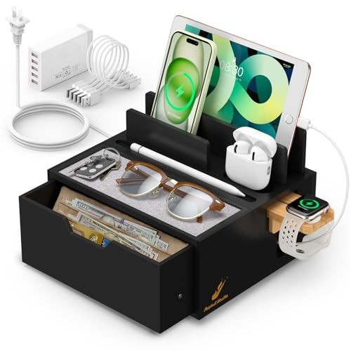  Bamboo Charging Station for Multi Device, with #2 Bamboo- Black(With Charger)