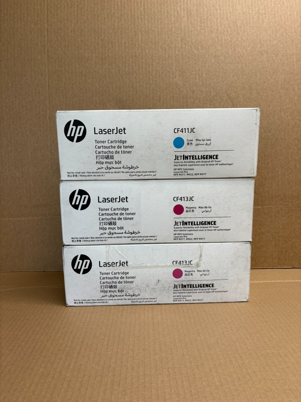 3 New OEM HP LaserJet MFP M377, M452, M477 Cyan &Mag. Toners CF413JC, CF411JC