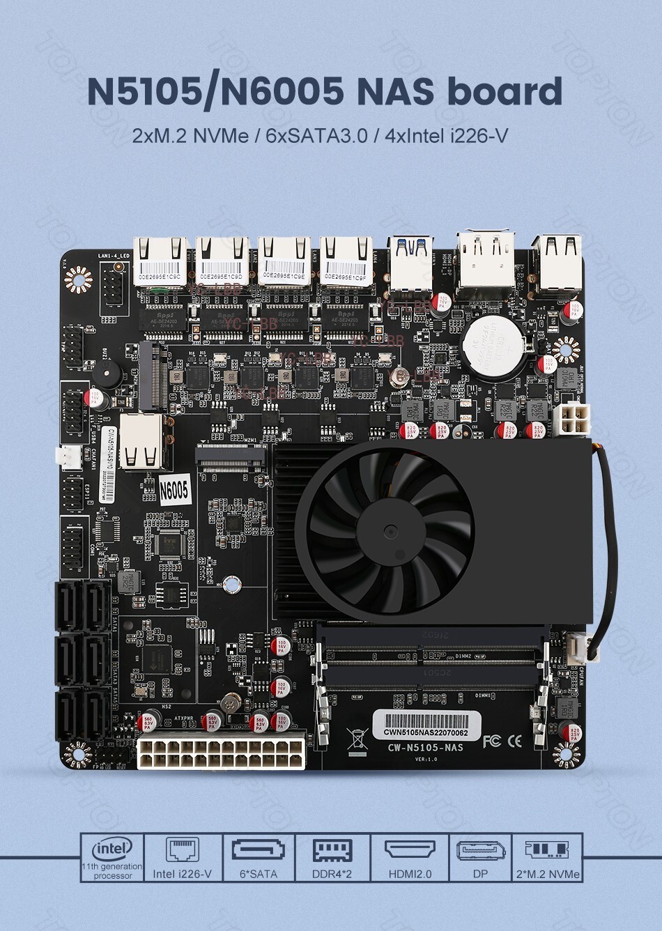 NAS Motherboard N5105 4x Intel i226-V 2.5G Nics Dual M.2 NVMe SATA3.0 Mini-ITX