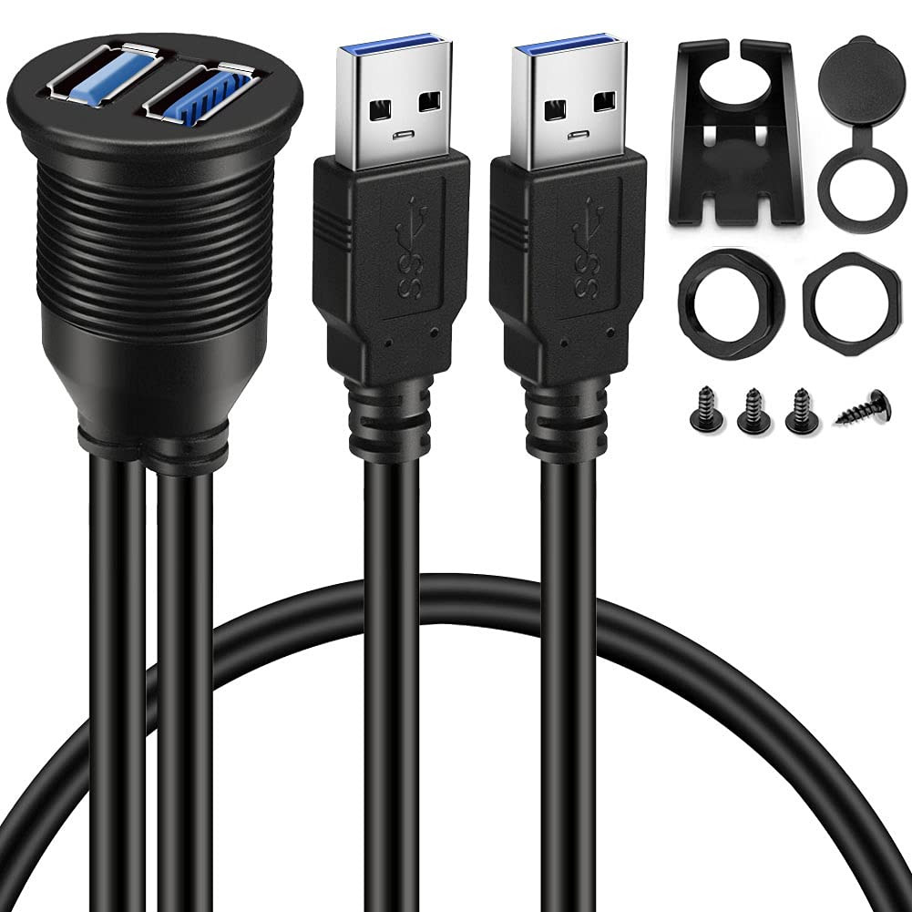 2 Ports Dual USB 3.0 Male to Female AUX Flush Car Mount Cable 6Ft