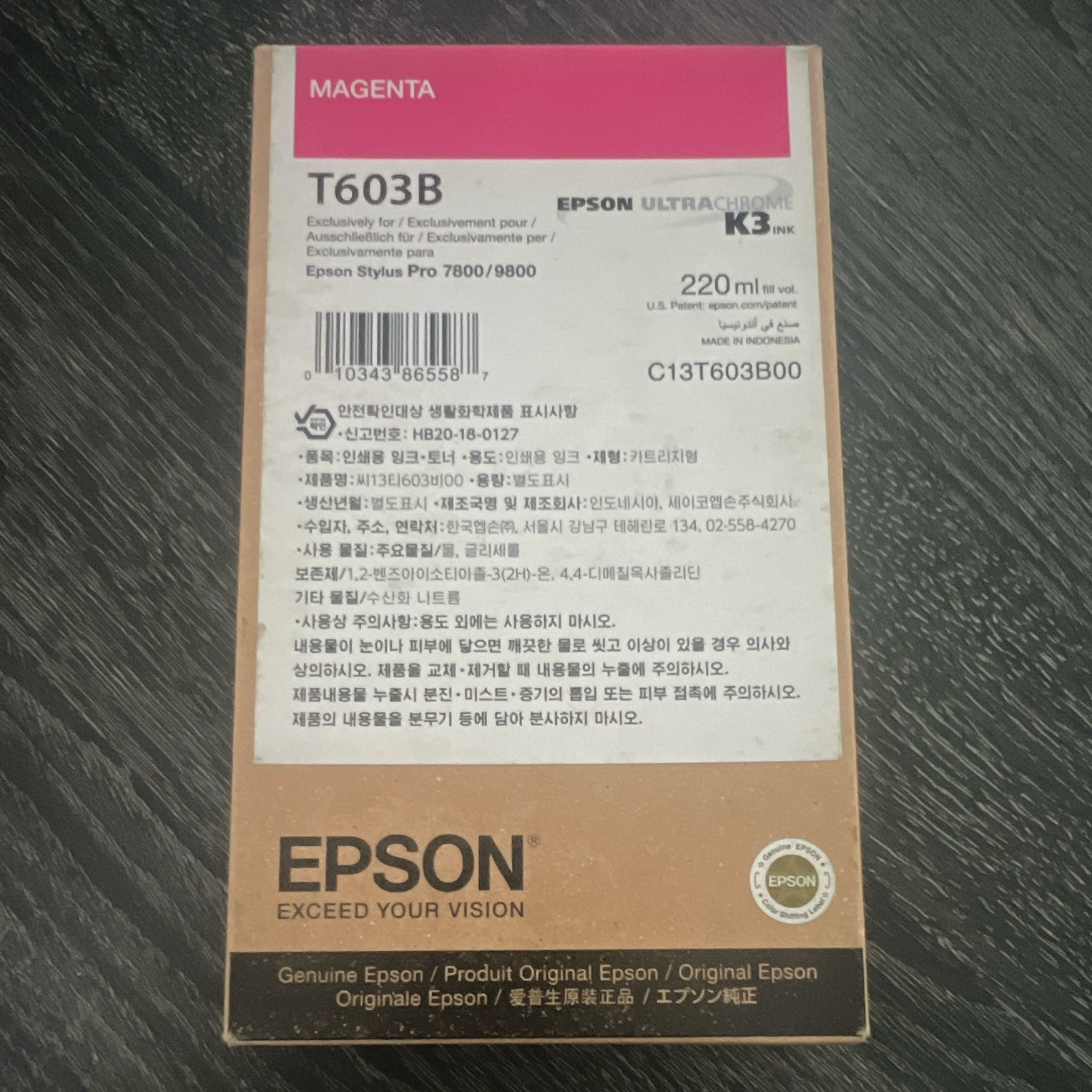 Epson Genuine T603B/C13T603B00 Magenta UltraChrome K3 Ink 220ml 7800/9800