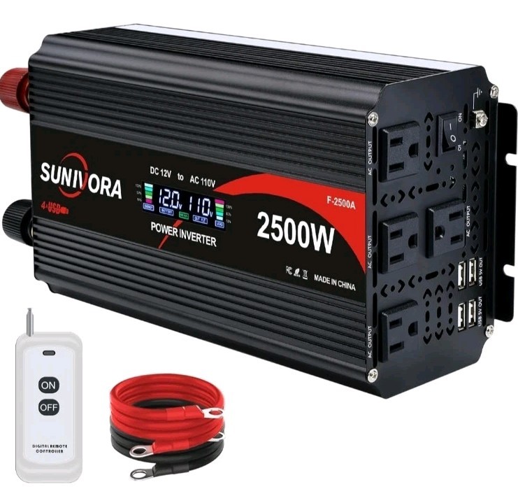 Sunivora 2500 Watt Power Inverter LCD Display & Remote Control  4 Sockets 4 USB