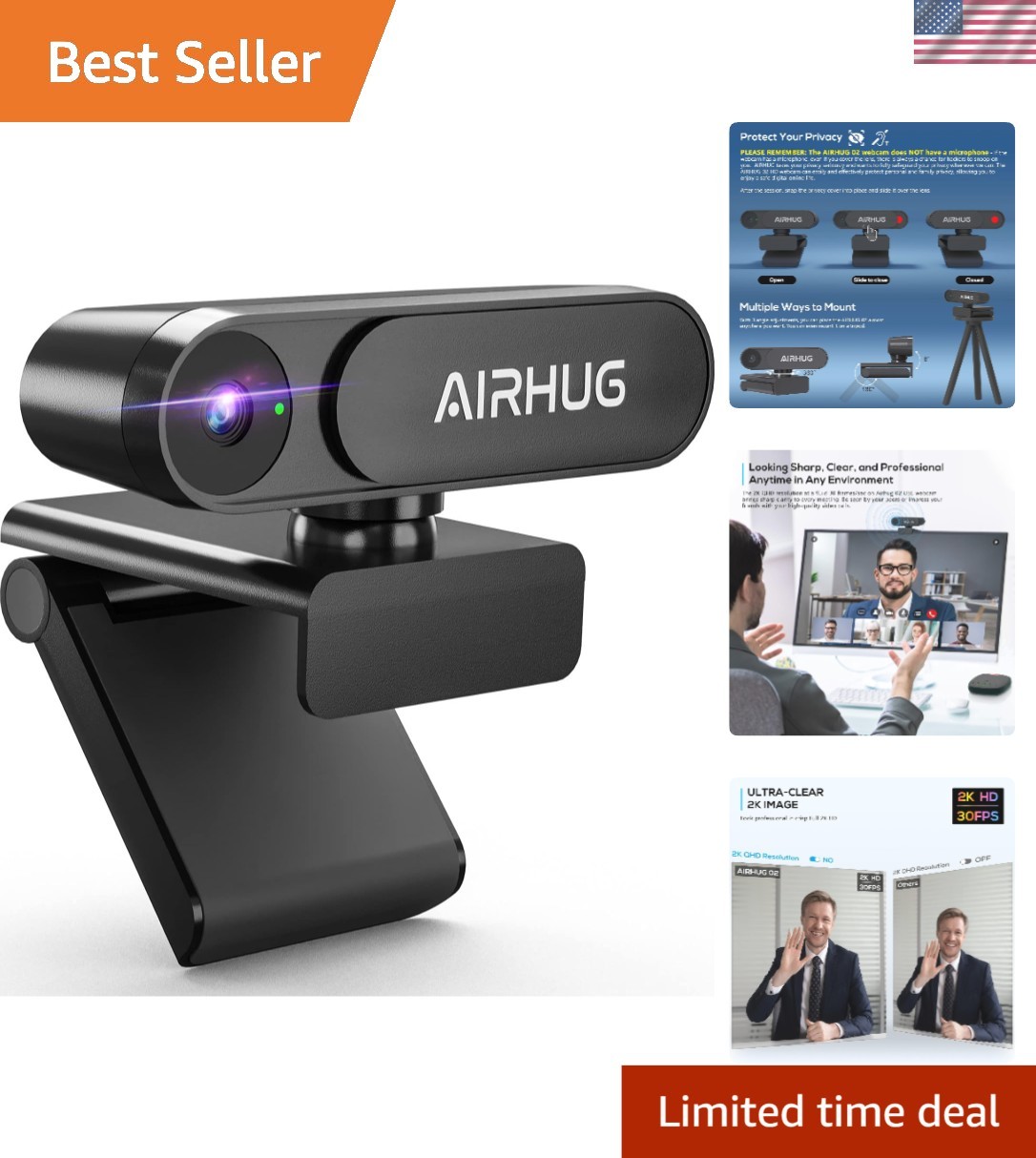 Ultra-Compact 2K Webcam - No Mic, USB, Ideal for Remote Work and Streaming