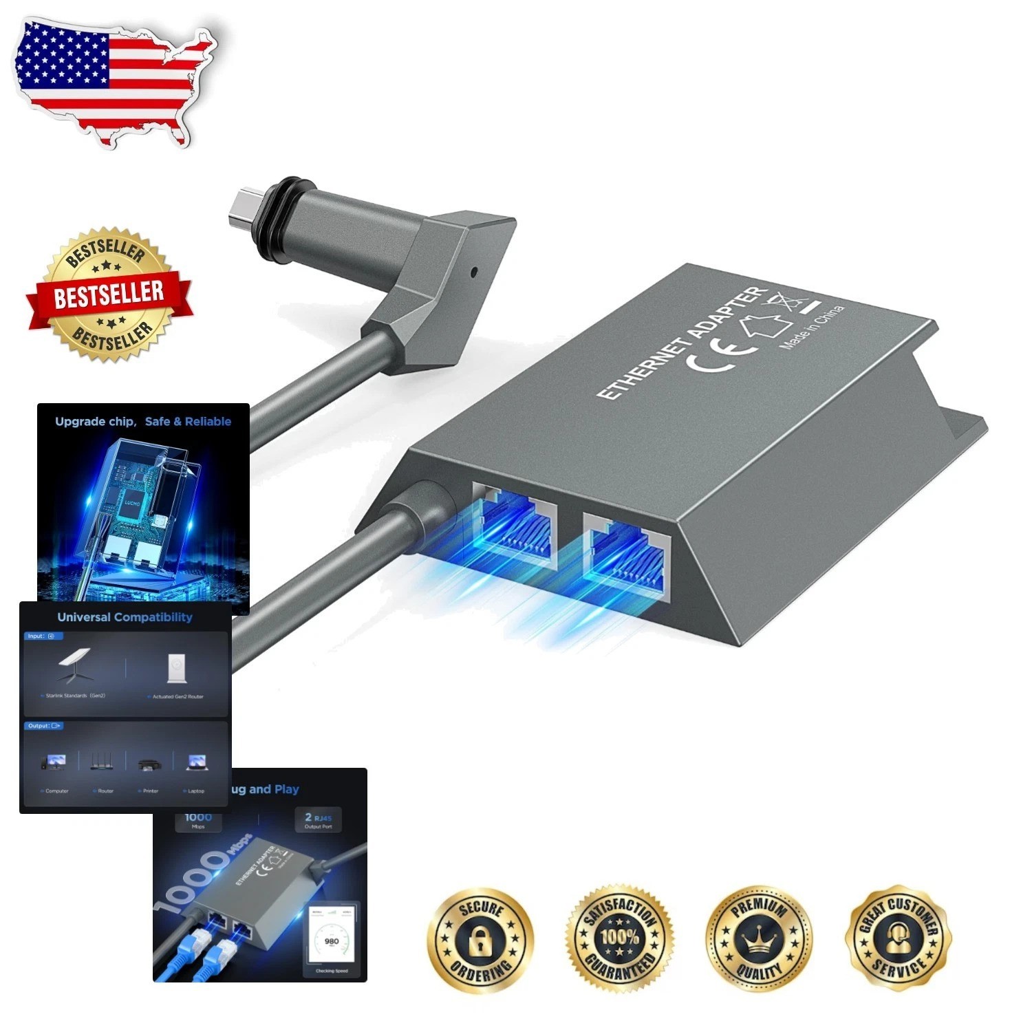 Starlink Actuated Gen 2 Ethernet Adapter 2 Ports Gigabit Secure Connection