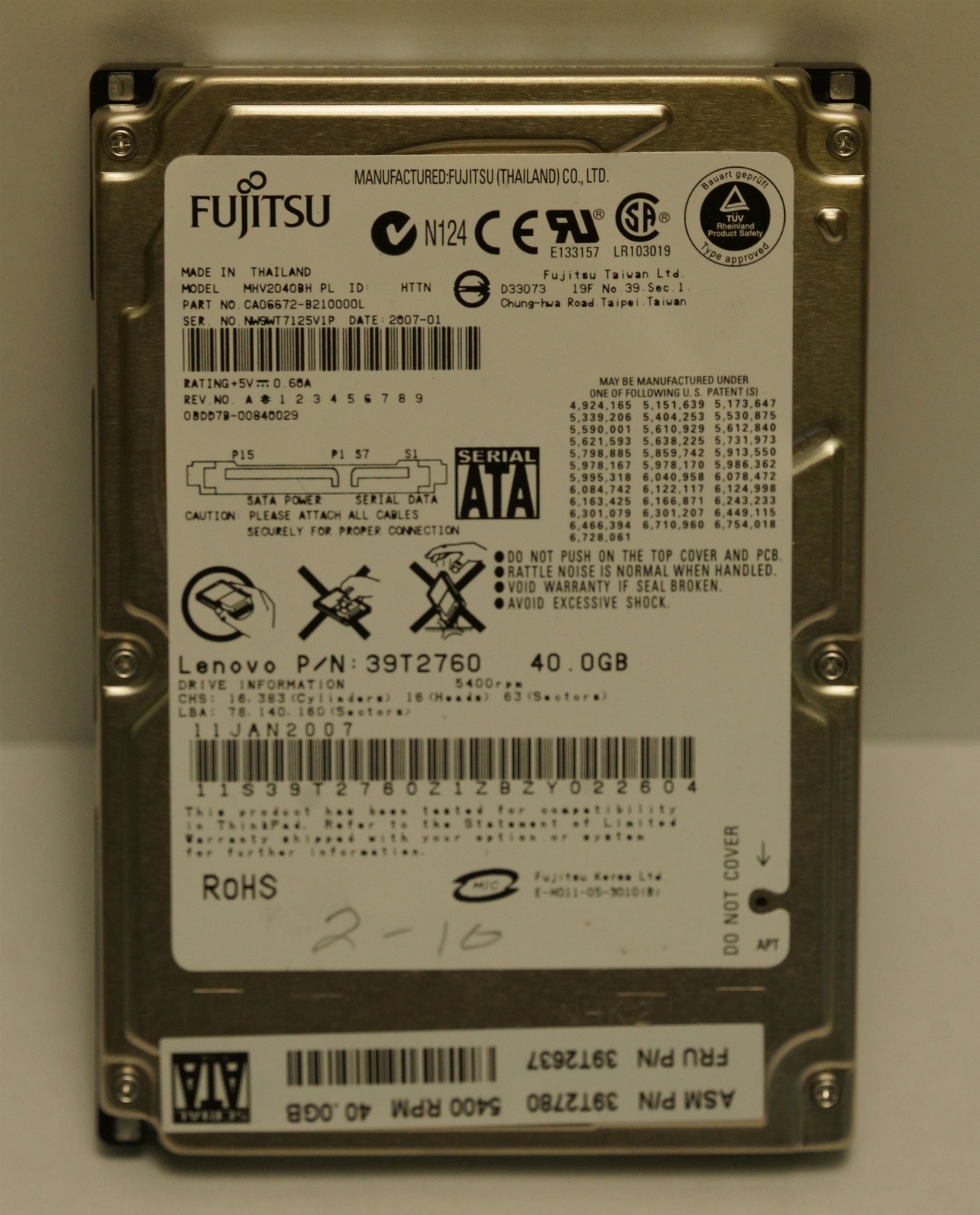 Fujitsu 2.5" SATA HDD MHV2040BH , 40GB, 5400RPM, Tested w/ Results