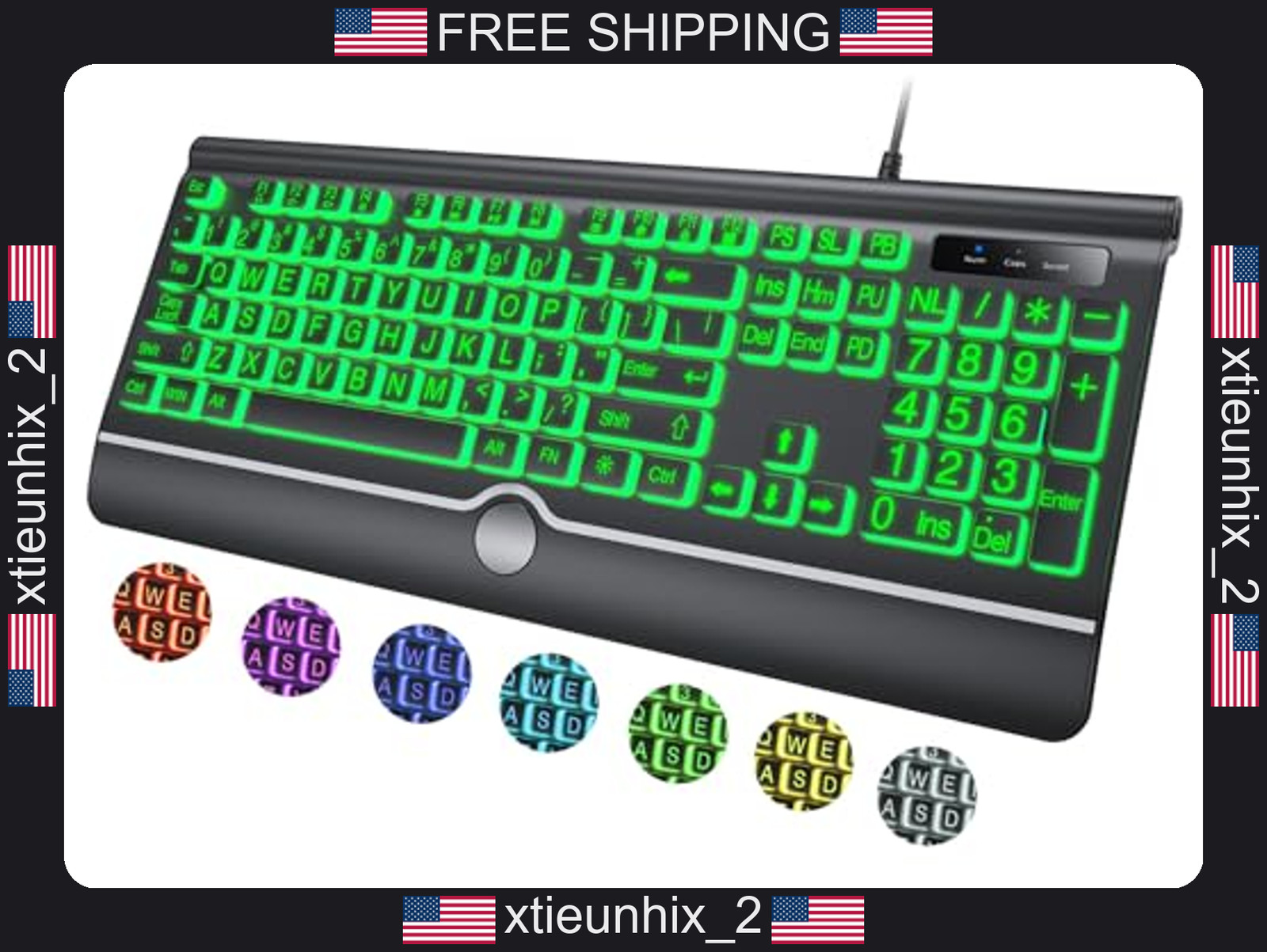 Large Print Backlit Keyboard with Wrist Rest, 7-Color Adjustable Lighting,