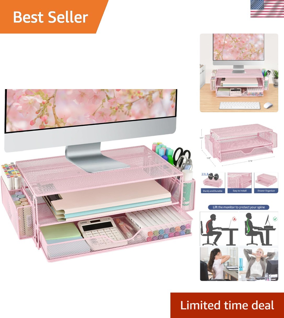 Ergonomic 2-Tier Pink Monitor Riser & Desk Organizer with Drawers & Pen Holders
