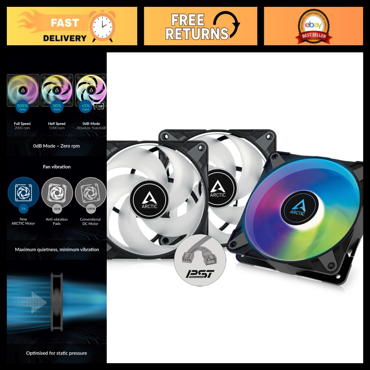 120mm PWM Case Fans (3 Pack) - A-RGB, High Static Pressure, 2000 RPM, 5V 3 Pin