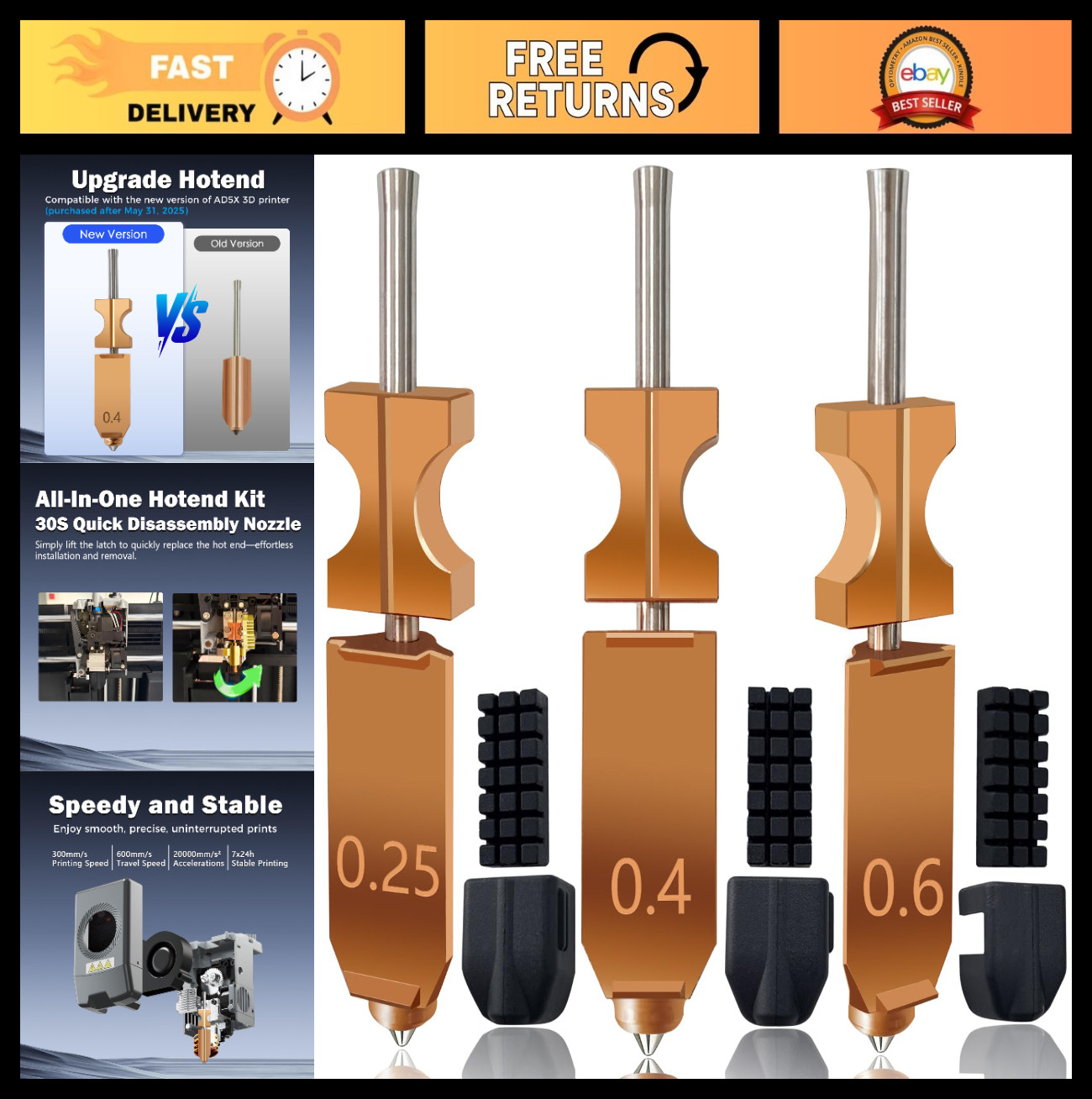 3PK 0.25MM 0.4MM 0.6MM Hardened Steel Nozzles | High Flow Quick Detachable, Wear