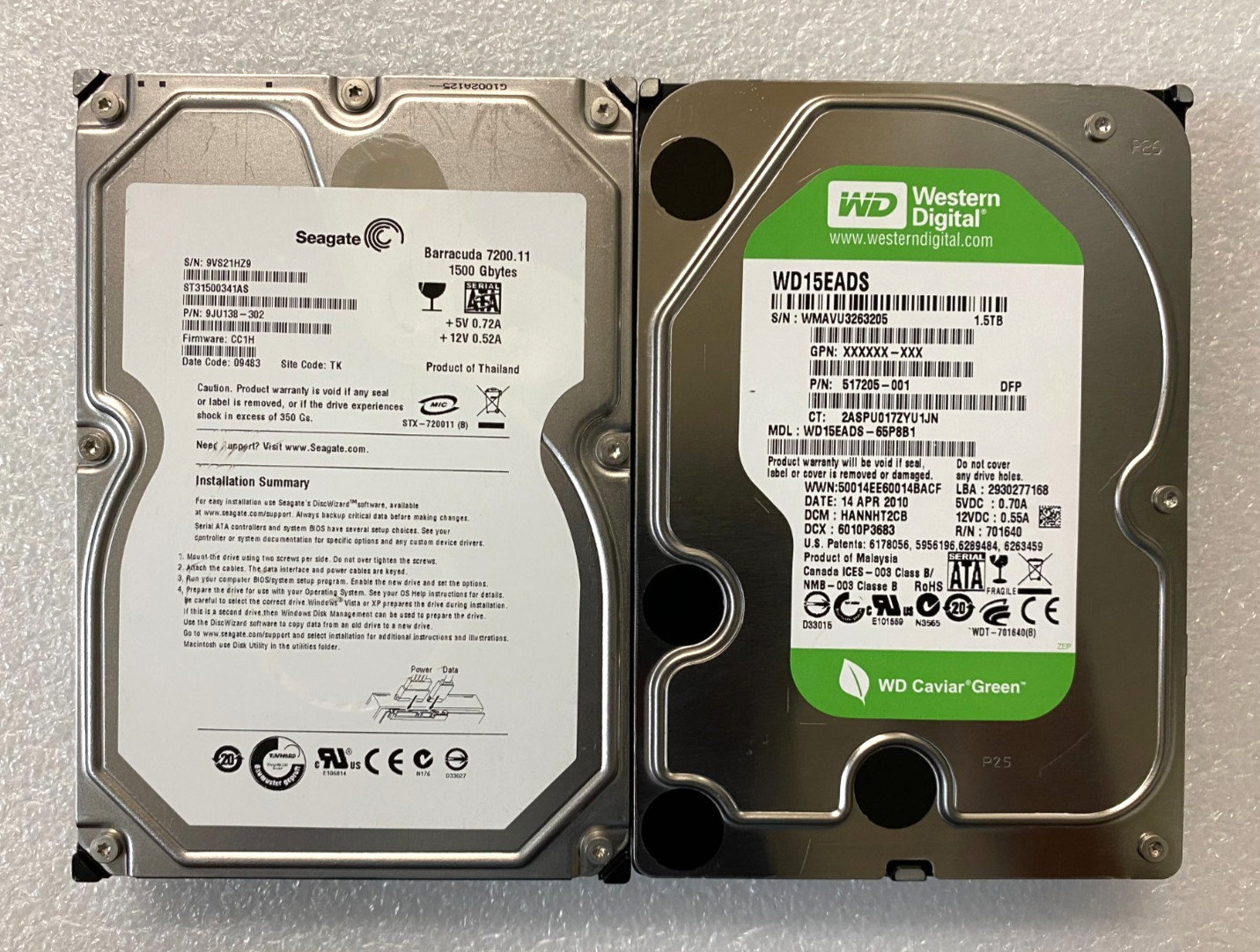 Lot of 2 WD WD15EADS Seagate ST31500341AS 1.5TB 7.2K SATA 3.5" Desktop HDD