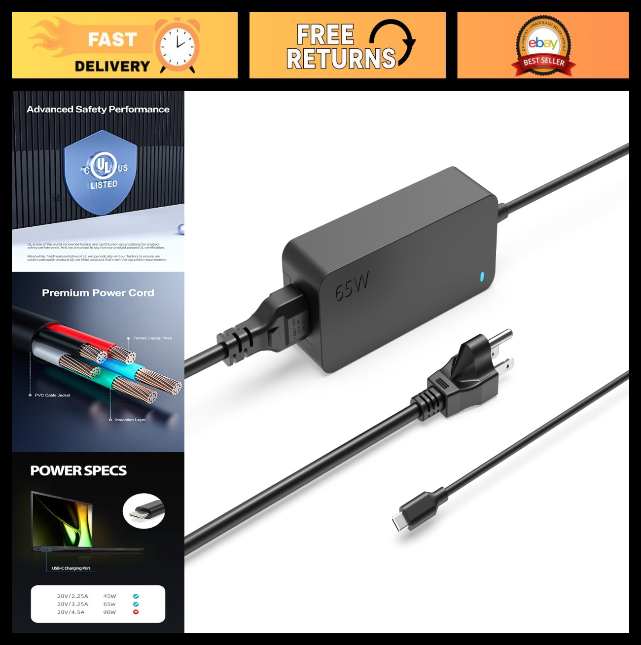 65W USB C Fast Charger for LG Gram Laptop 14-17 Series, UL Certified AC Adapter