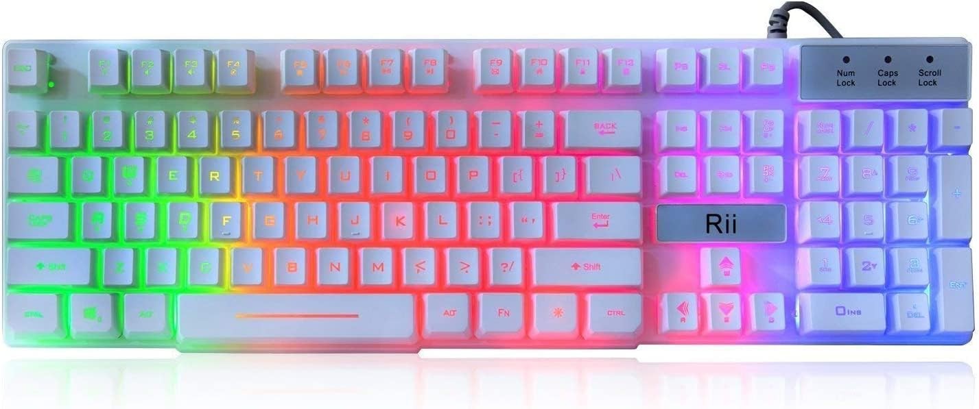 Rii RK100+ White Gaming Keyboard,USB Wired Multiple Rainbow LED Backlit