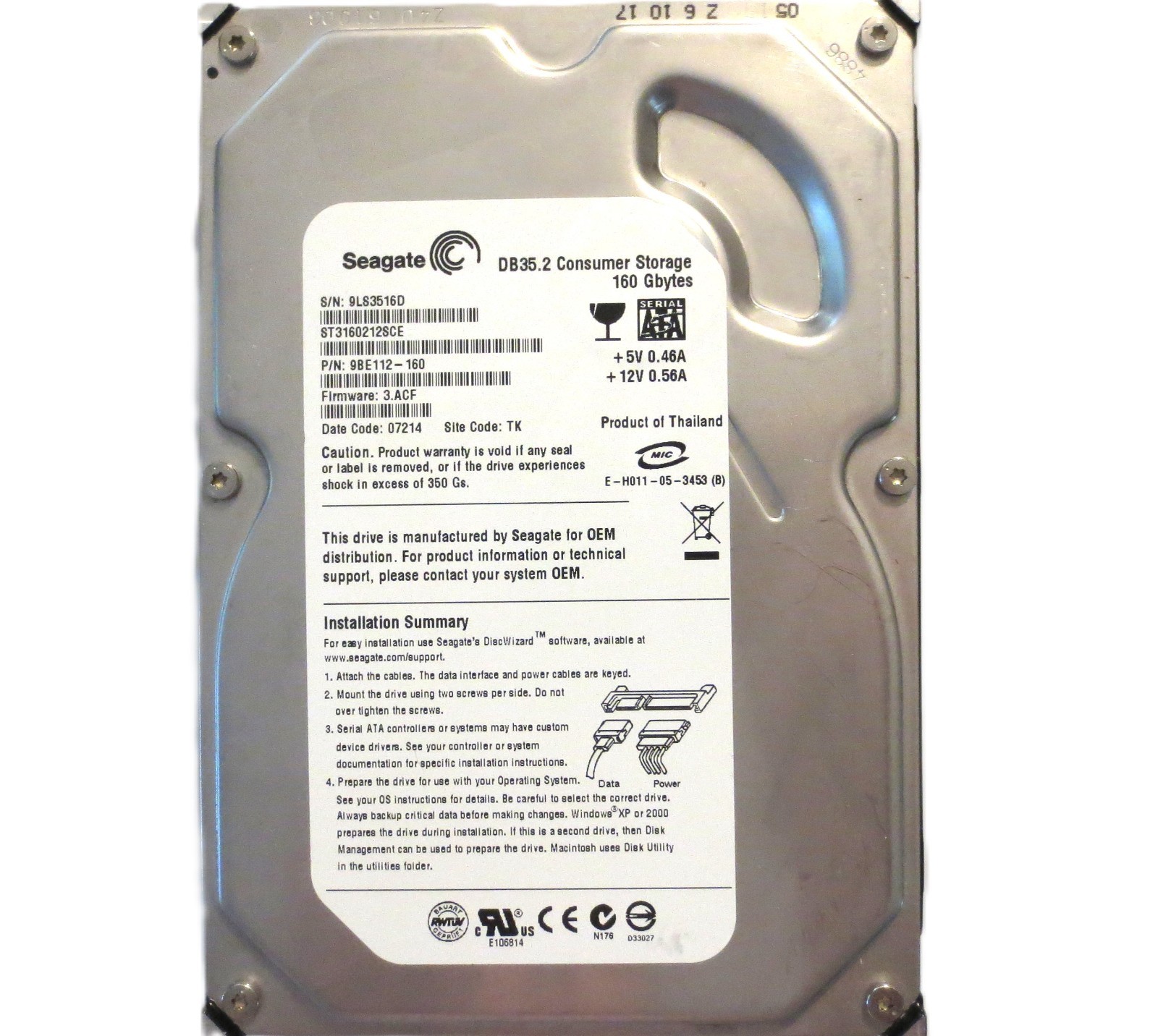 Seagate ST3160212SCE 9BE112-160 3.ACF TK (9LS) Thailand 3.5" 160gb Sata NOV/2006