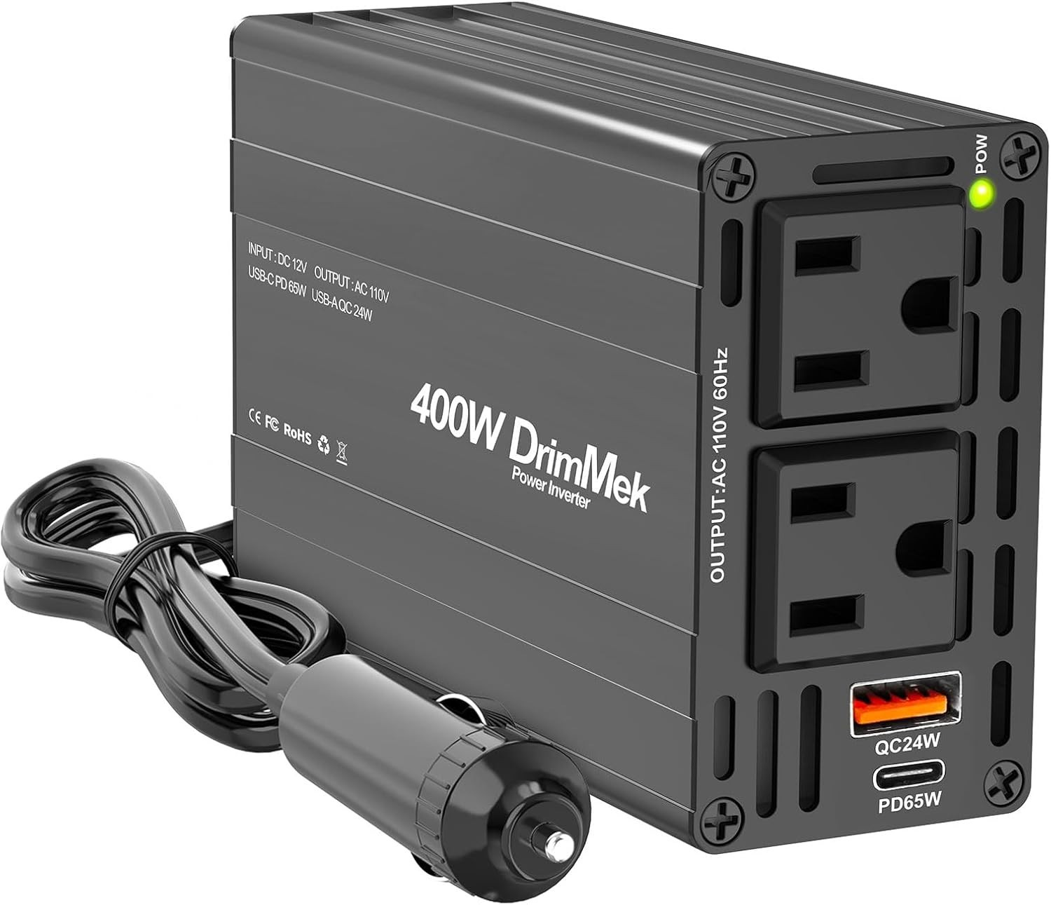 400W Car Power Inverter - Dual DC 12V to 110V AC Car Plug Adapter Outlets, Fa...