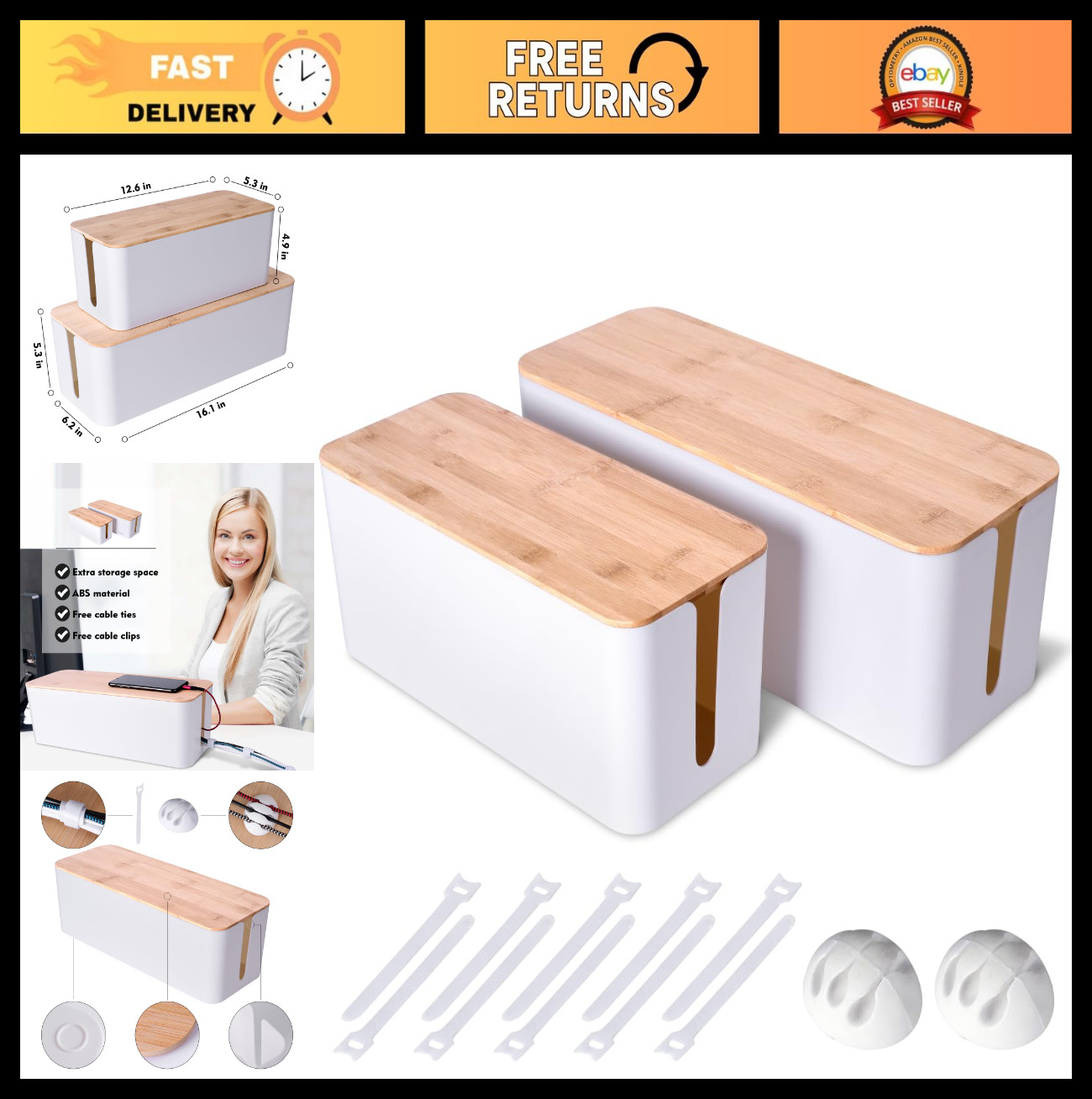 2-Pack Wooden Cable Management Box, Cord Organizer for TV & Computer Wires, Baby