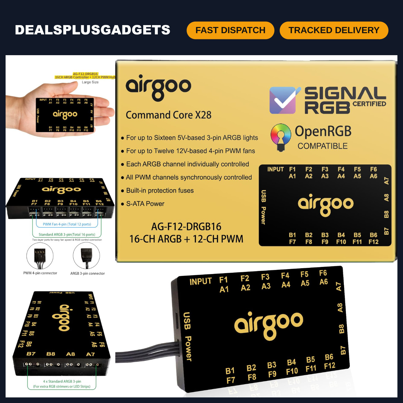 2-in-1 USB ARGB Controller with 16 ARGB & 12 Fan Ports, SignalRGB Compatible